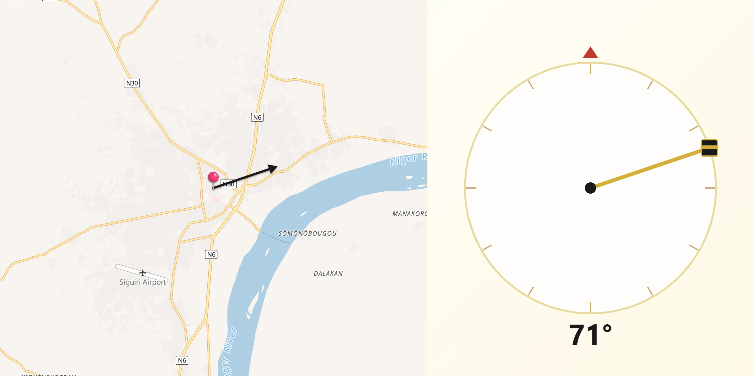 Direction vers la Qibla depuis Siguiri