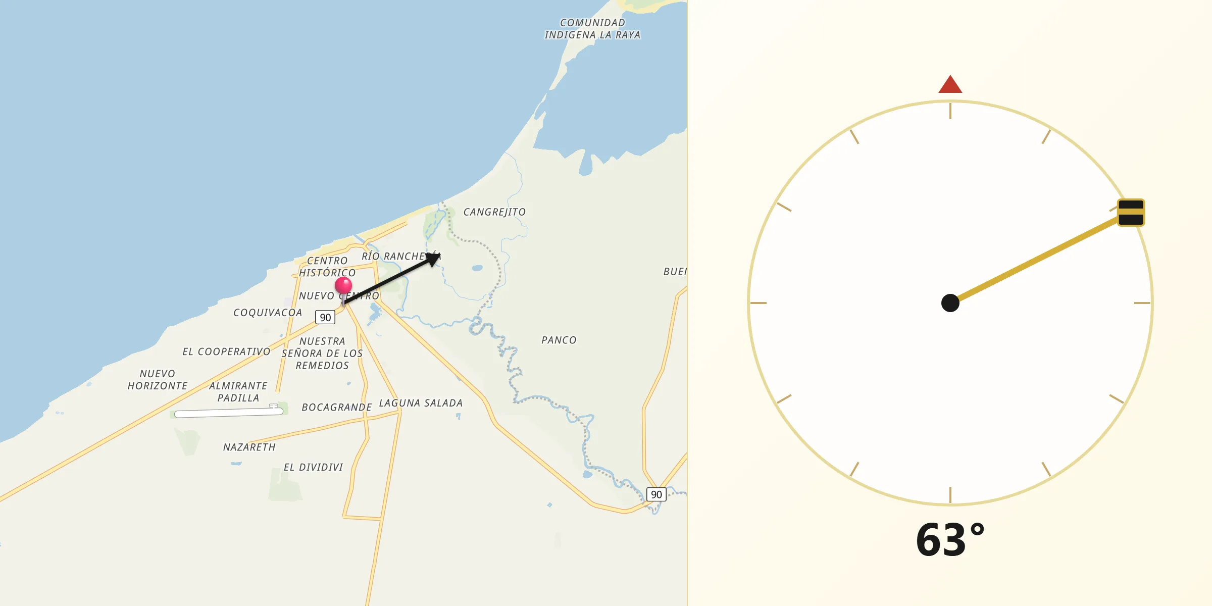 Dirección de la Qibla desde Riohacha