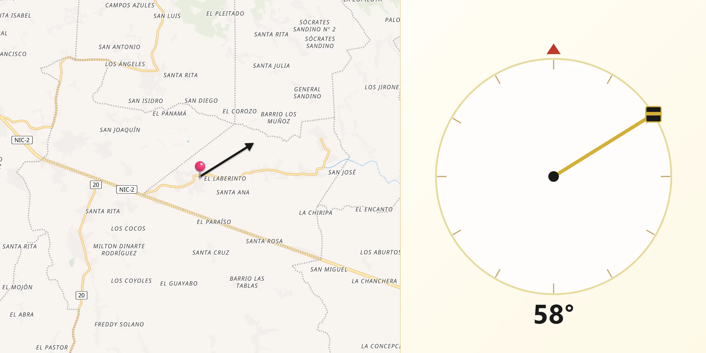 Dirección de la Qibla desde La Paz de Carazo