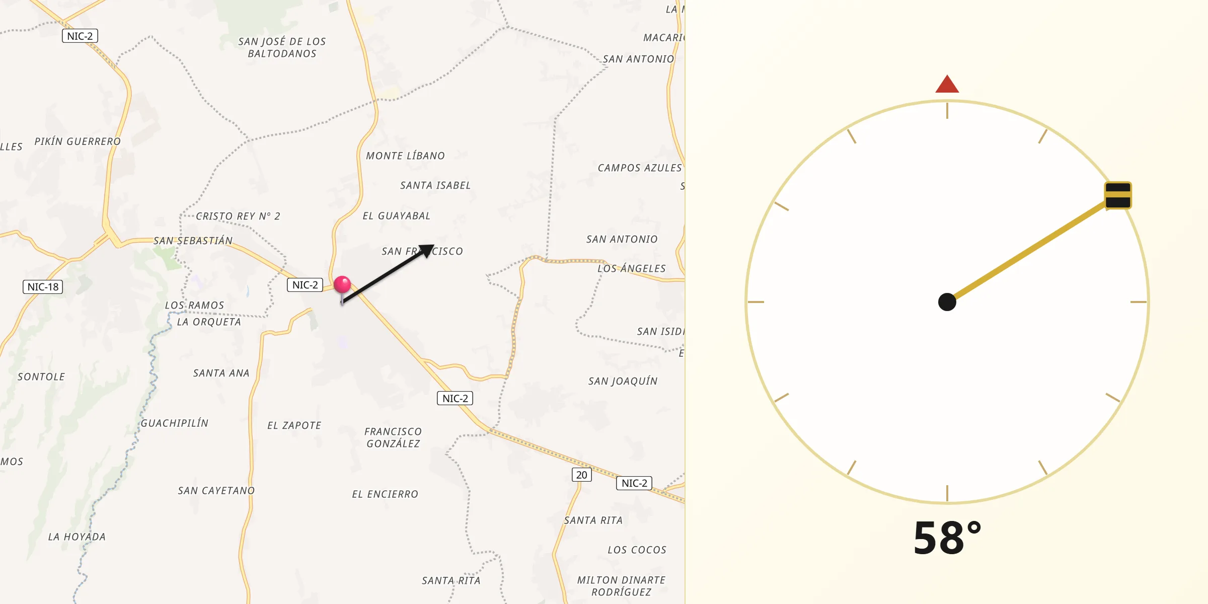 Dirección de la Qibla desde Jinotepe