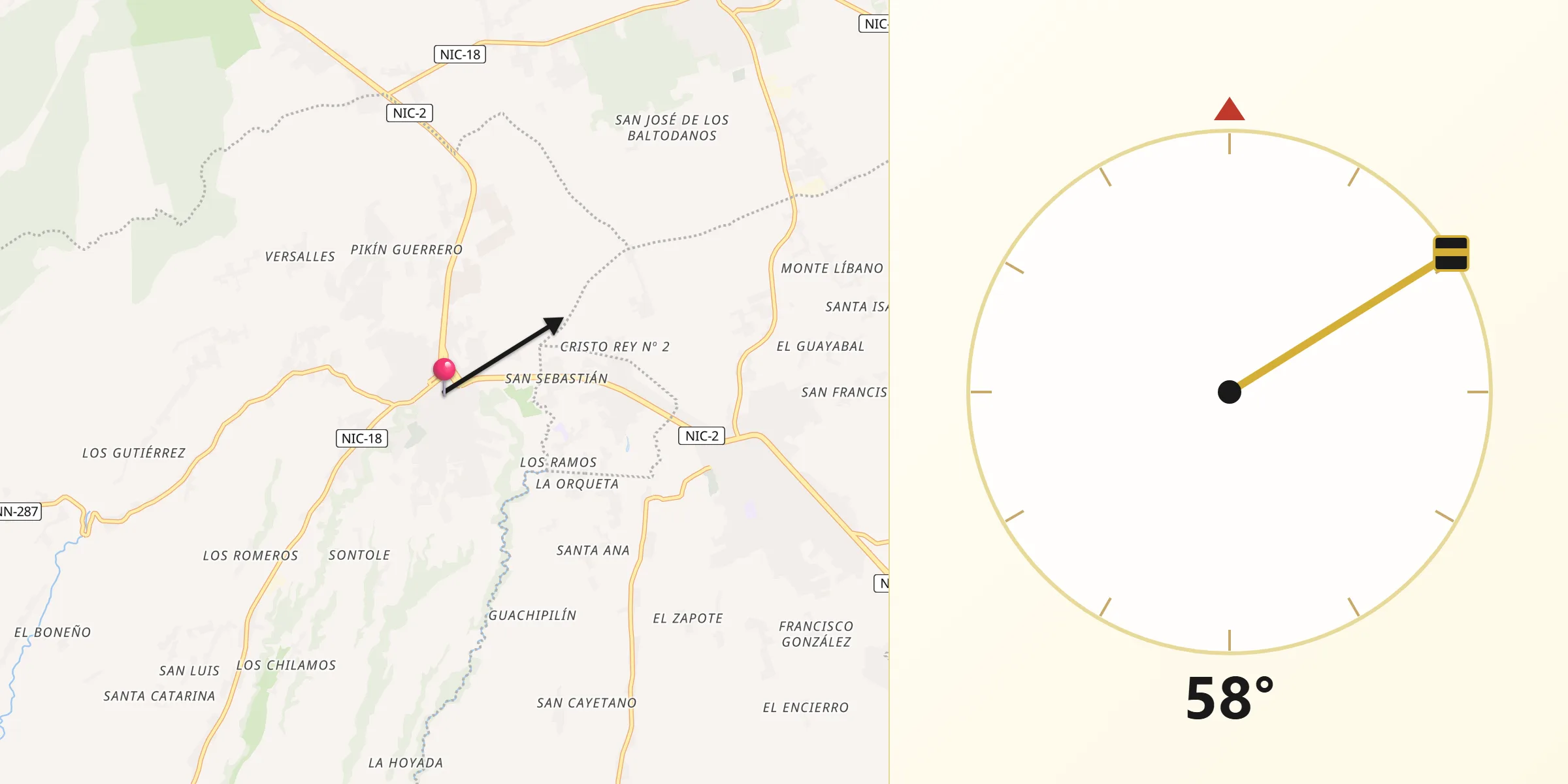 Dirección de la Qibla desde Diriamba