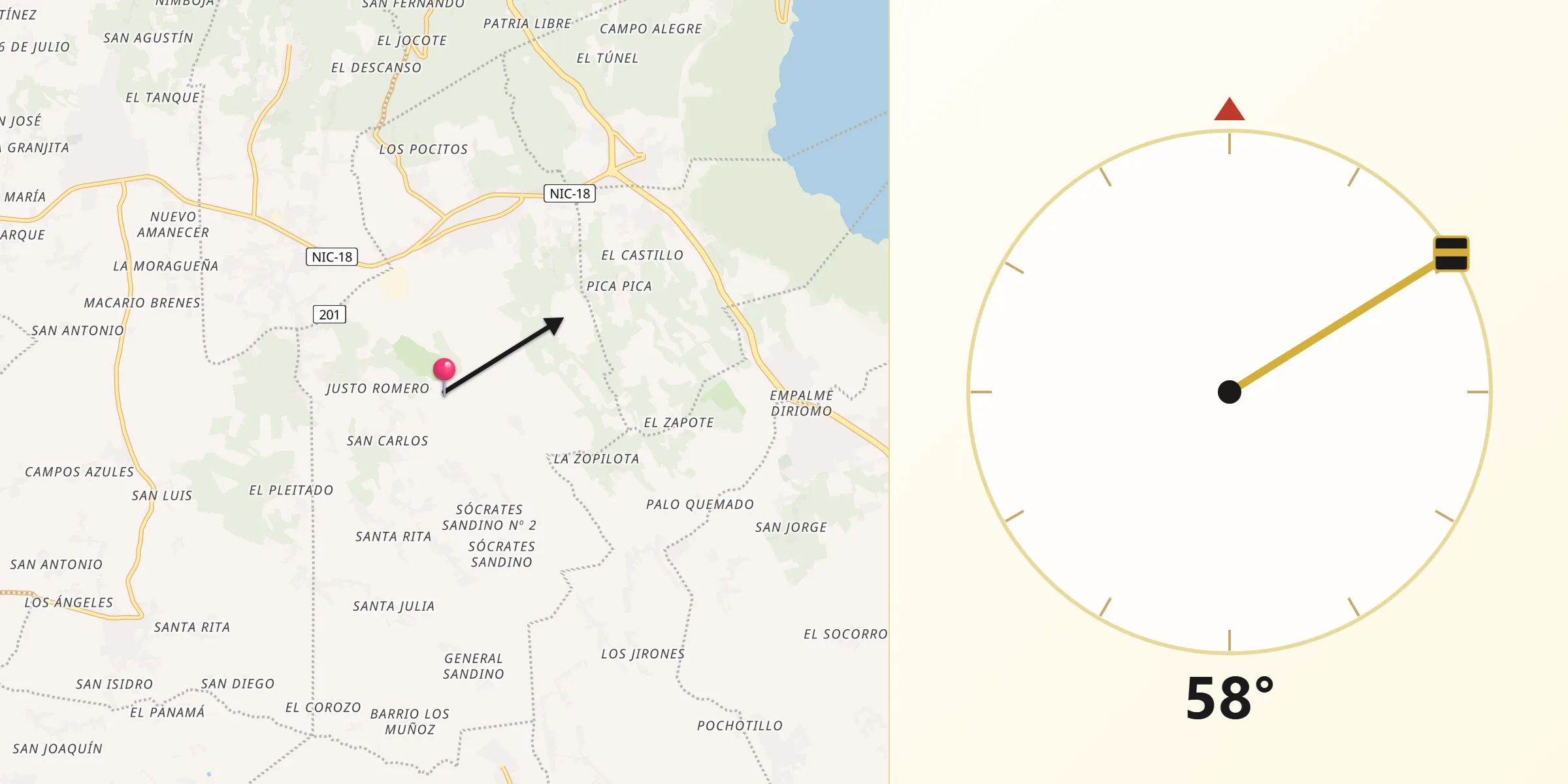 Dirección de la Qibla desde Municipio de Niquinohomo