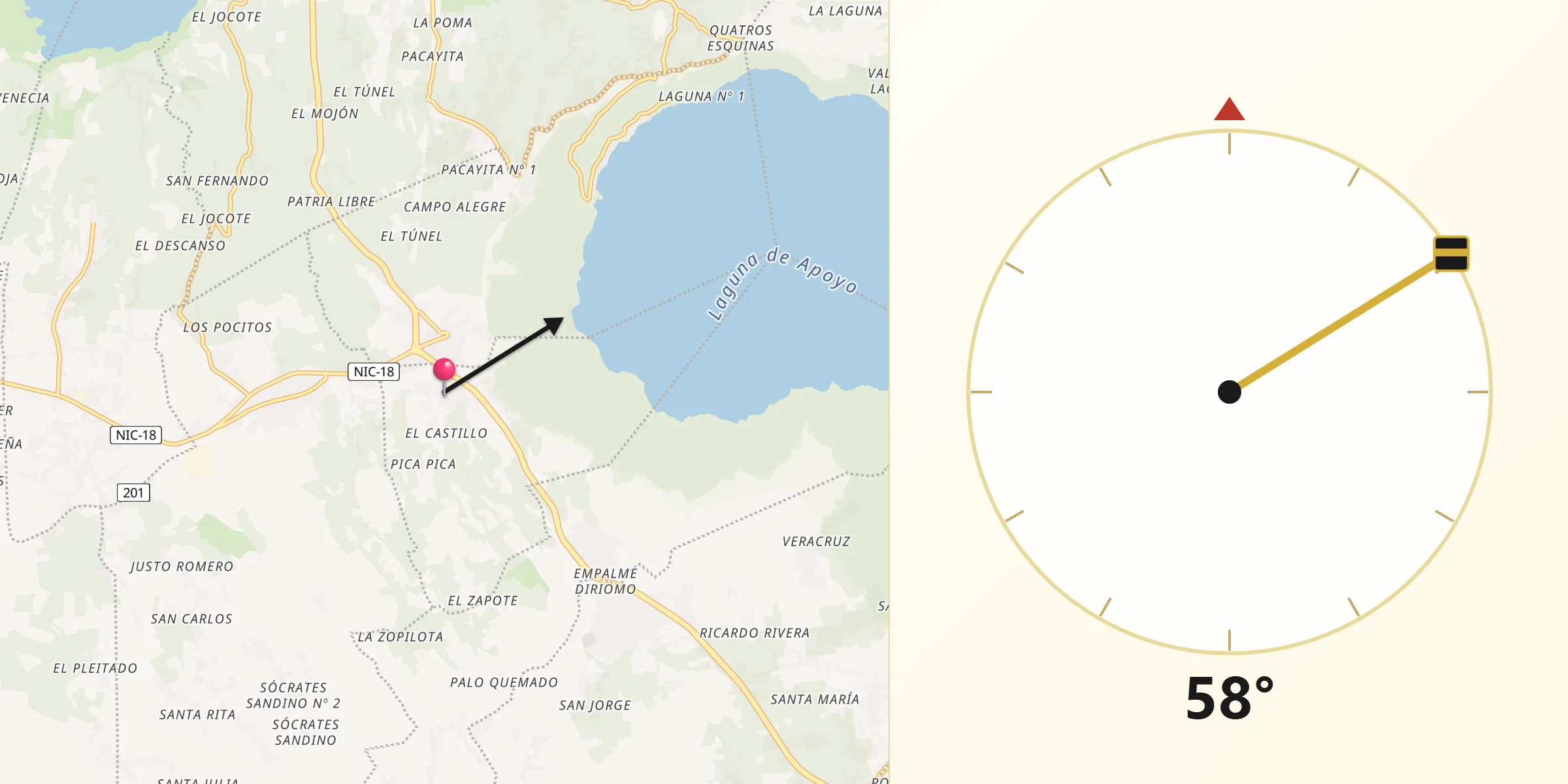 Dirección de la Qibla desde Municipio de San Juan de Oriente