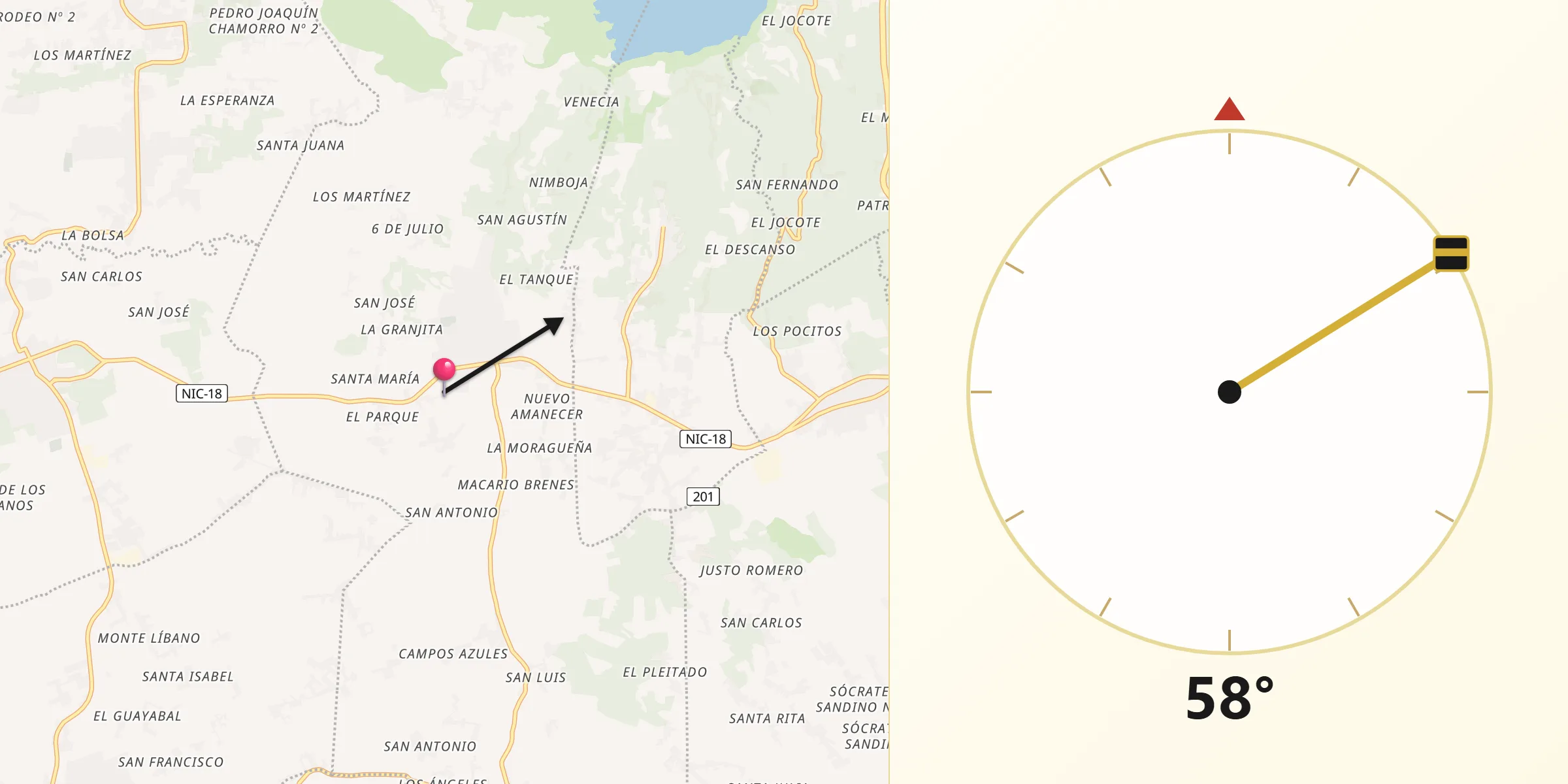 Dirección de la Qibla desde Municipio de Masatepe