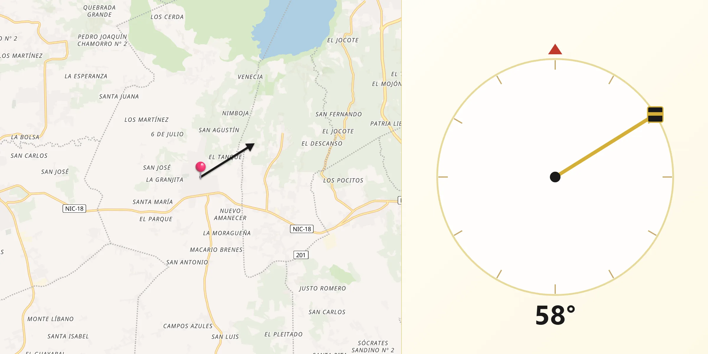 Dirección de la Qibla desde Masatepe