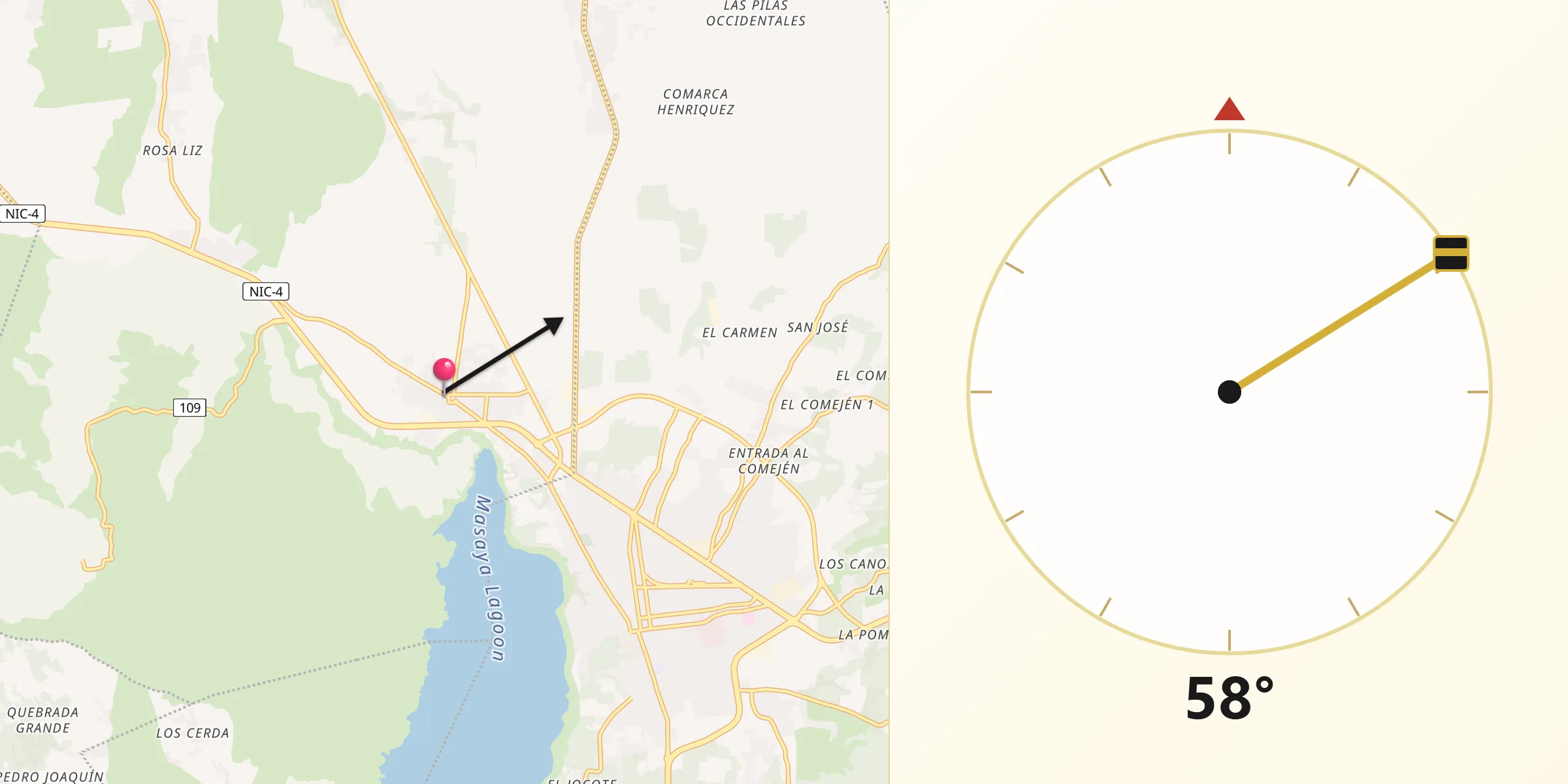 Dirección de la Qibla desde Nindirí