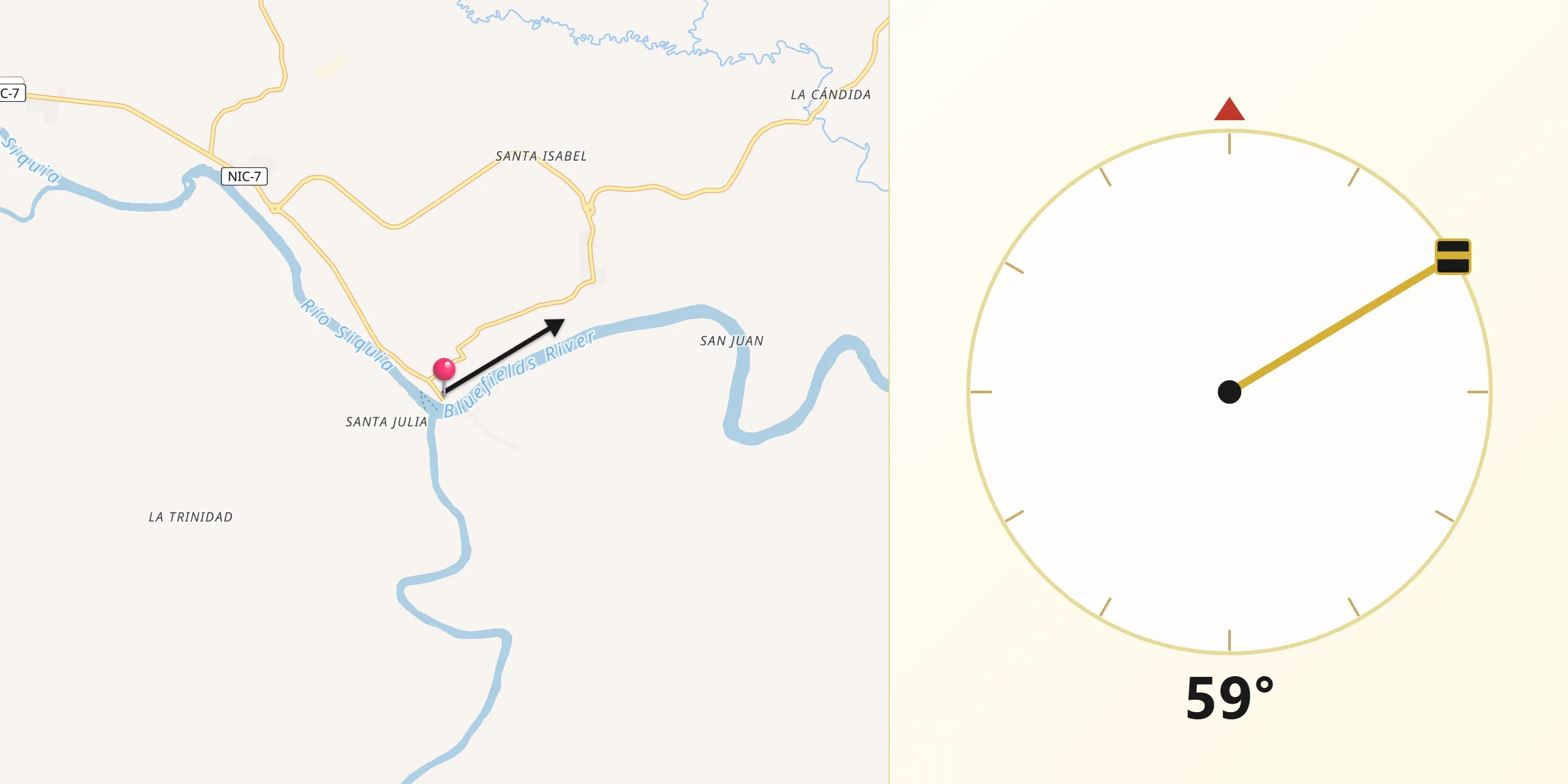 Dirección de la Qibla desde El Rama