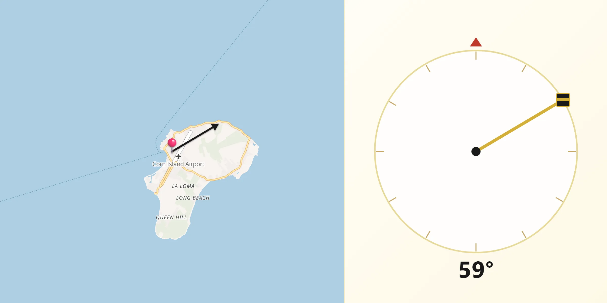 Dirección de la Qibla desde Corn Island