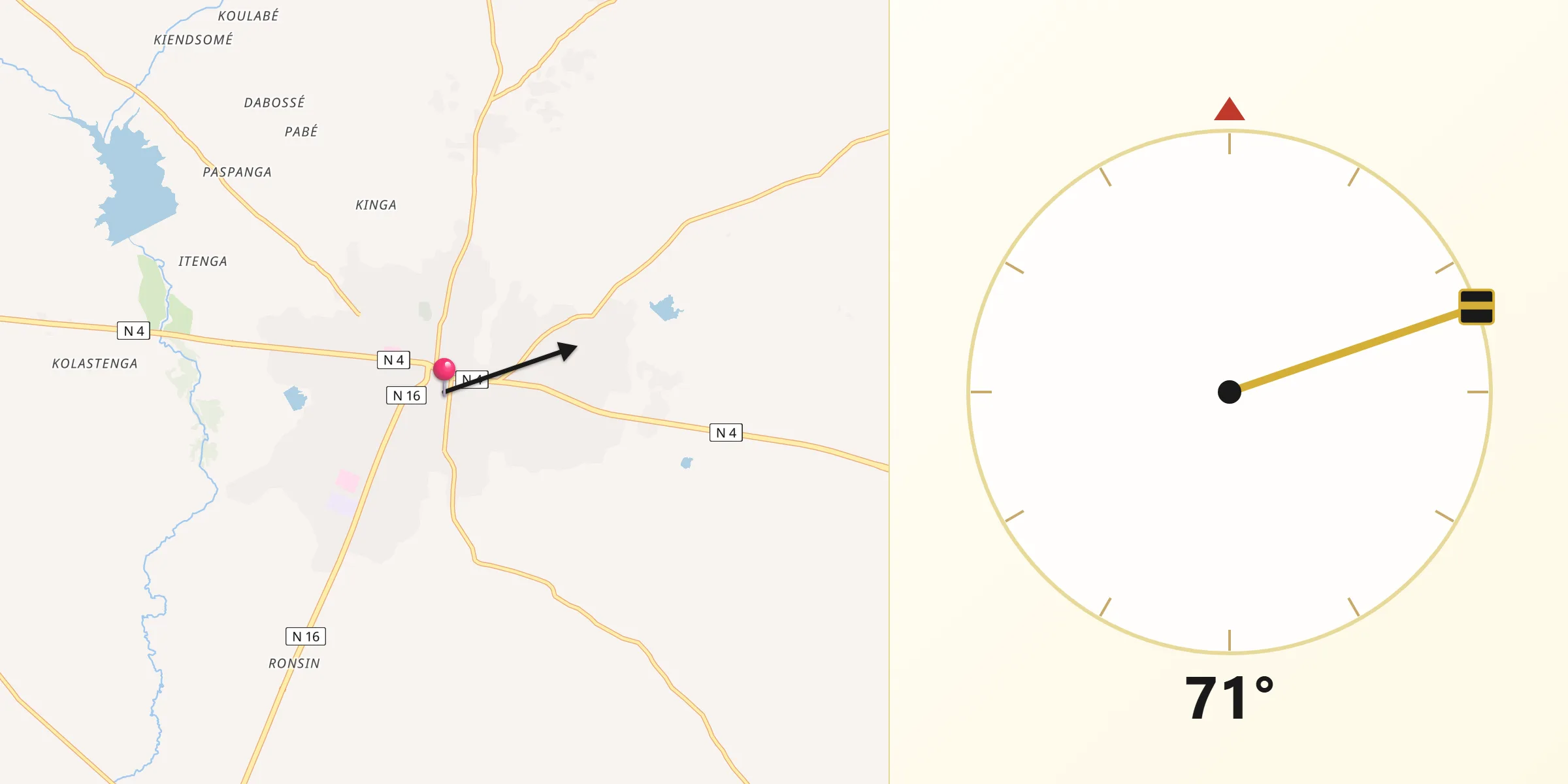 Direction vers la Qibla depuis Koupéla