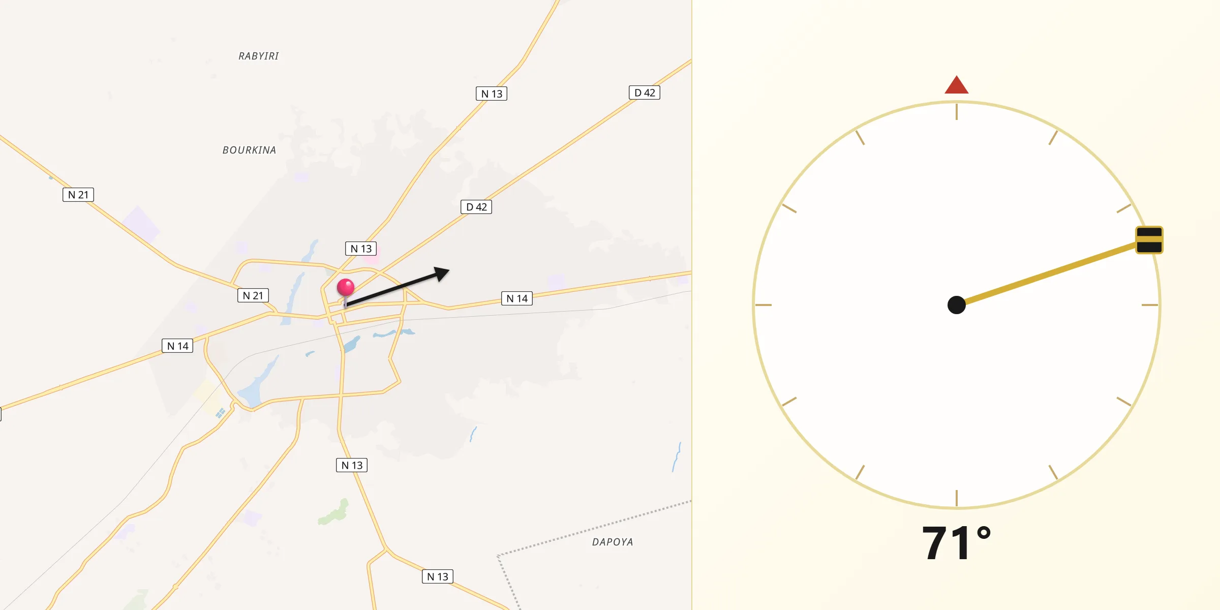 Direction vers la Qibla depuis Koudougou