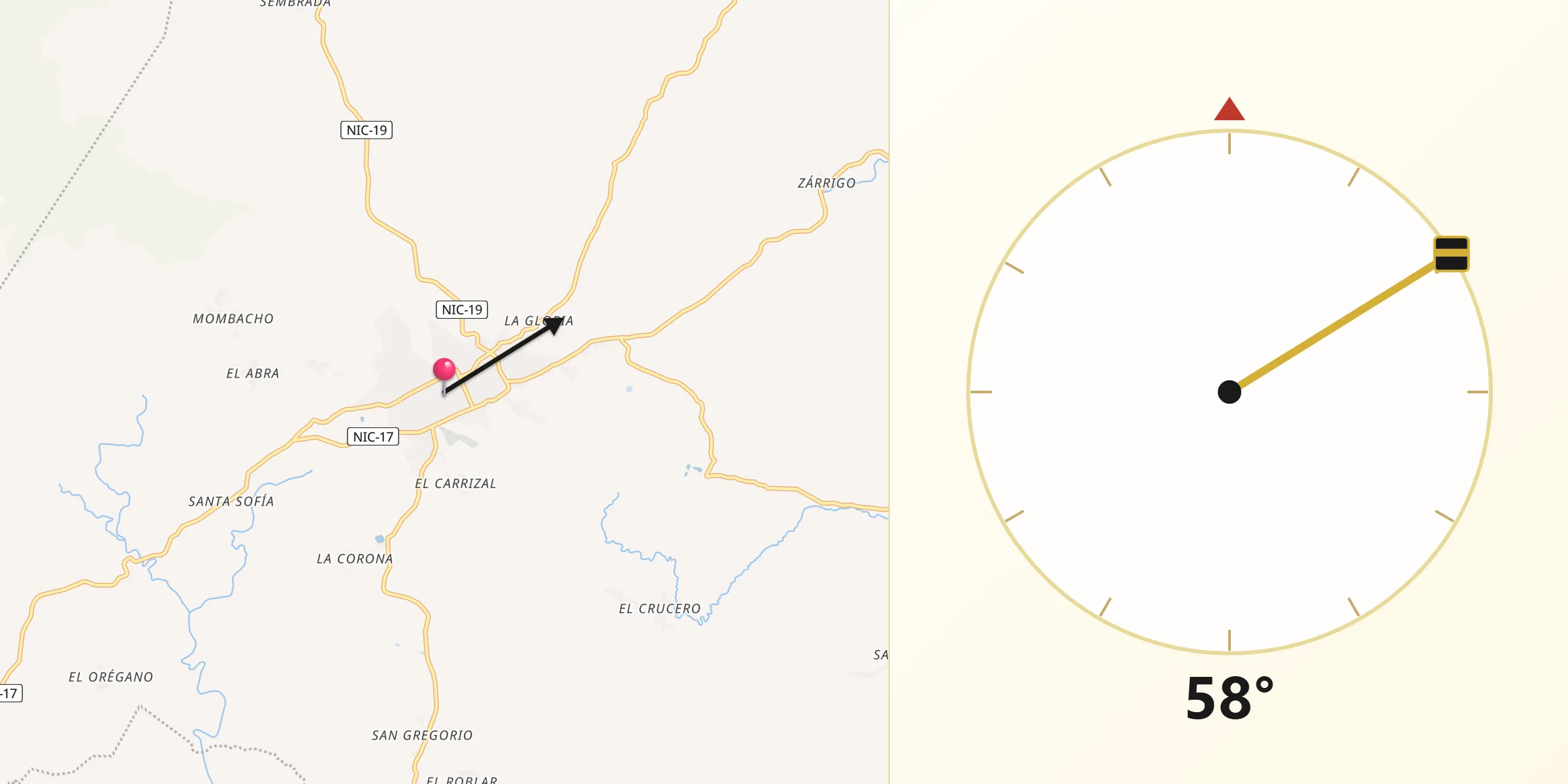 Dirección de la Qibla desde Camoapa