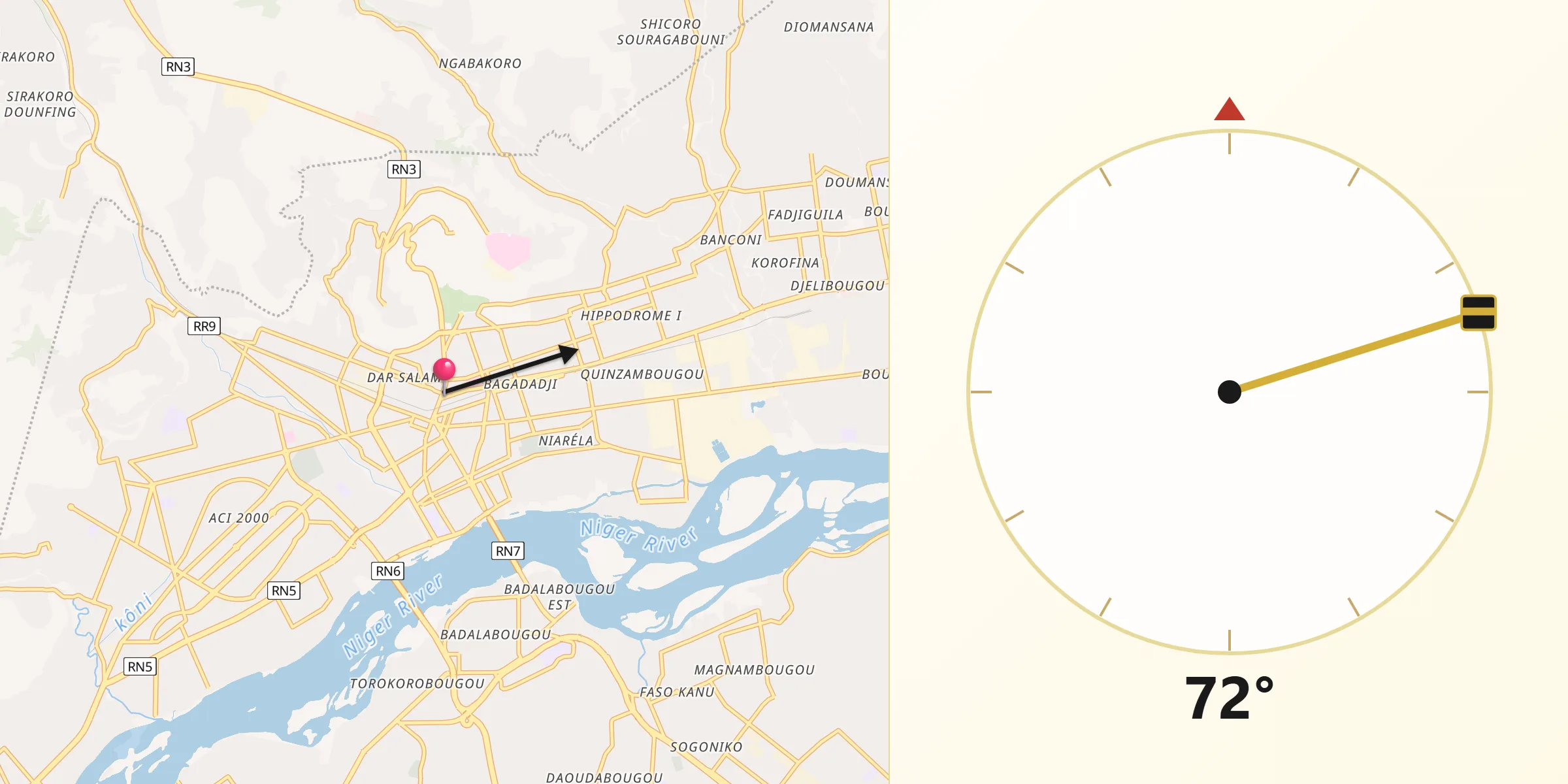 Direction vers la Qibla depuis Bamako