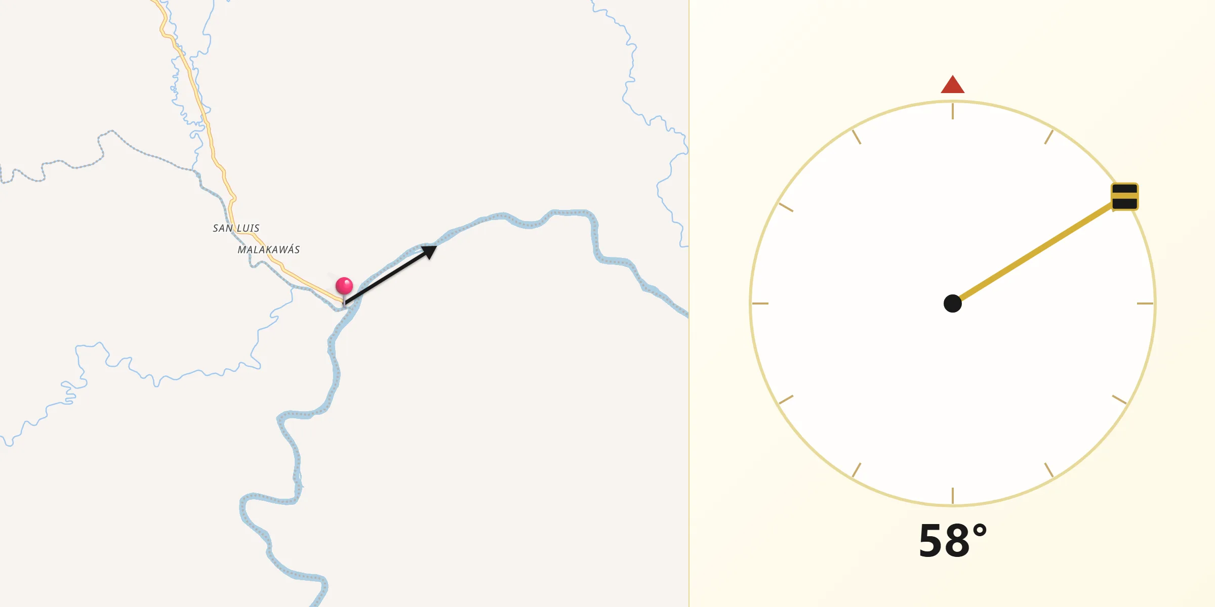 Dirección de la Qibla desde Bocana de Paiwas