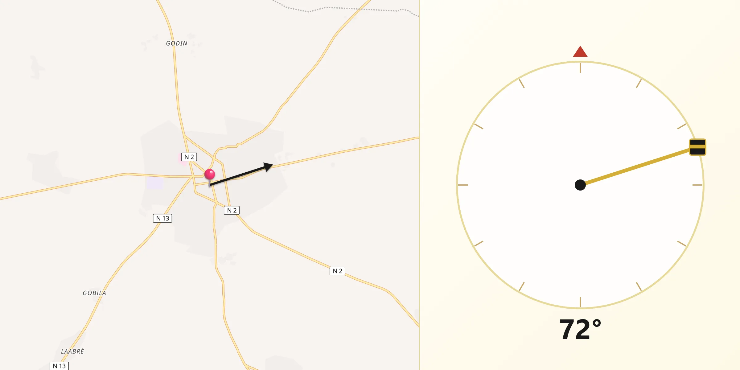 Direction vers la Qibla depuis Yako