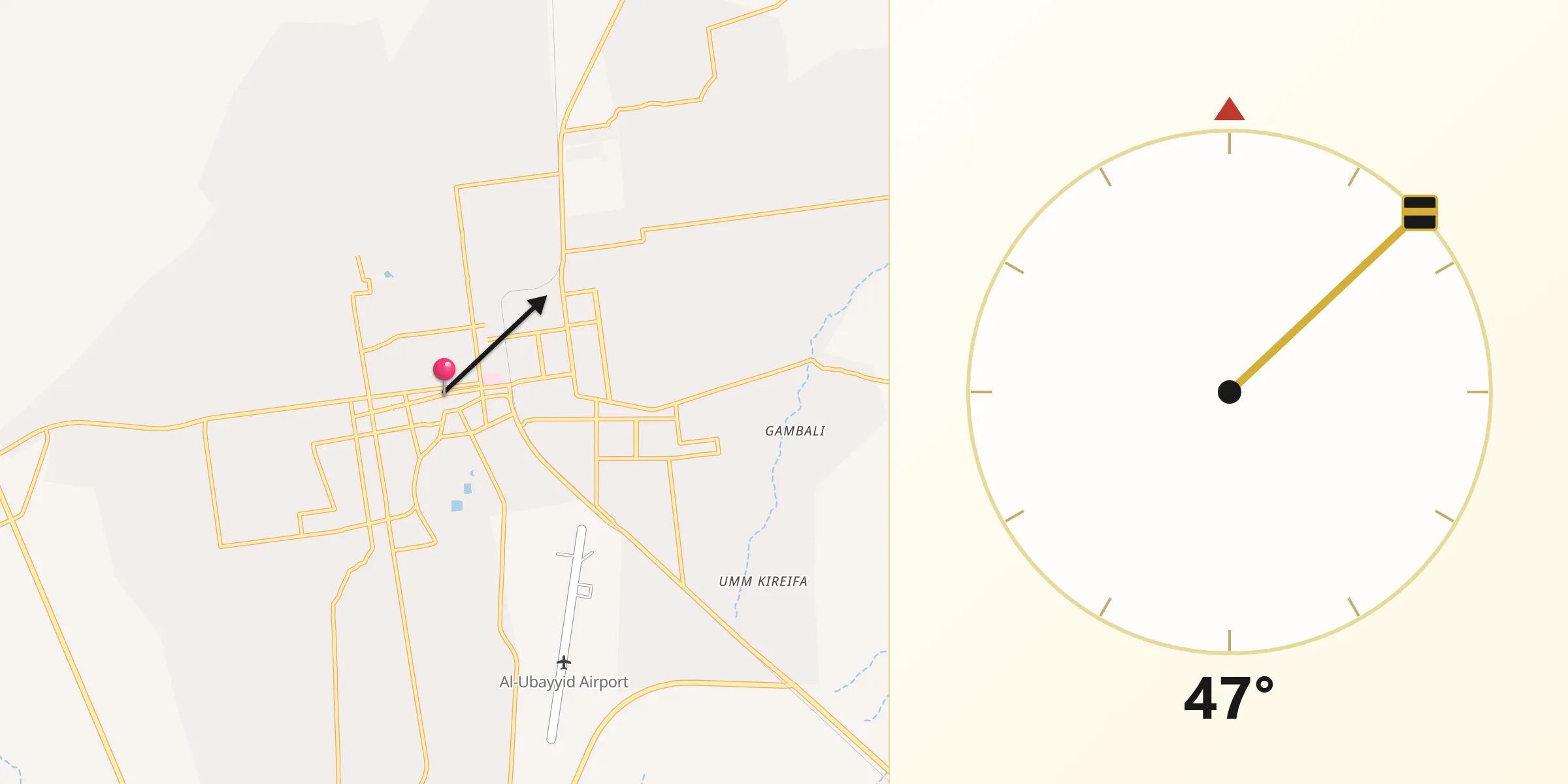 Direction vers la Qibla depuis El Obeid