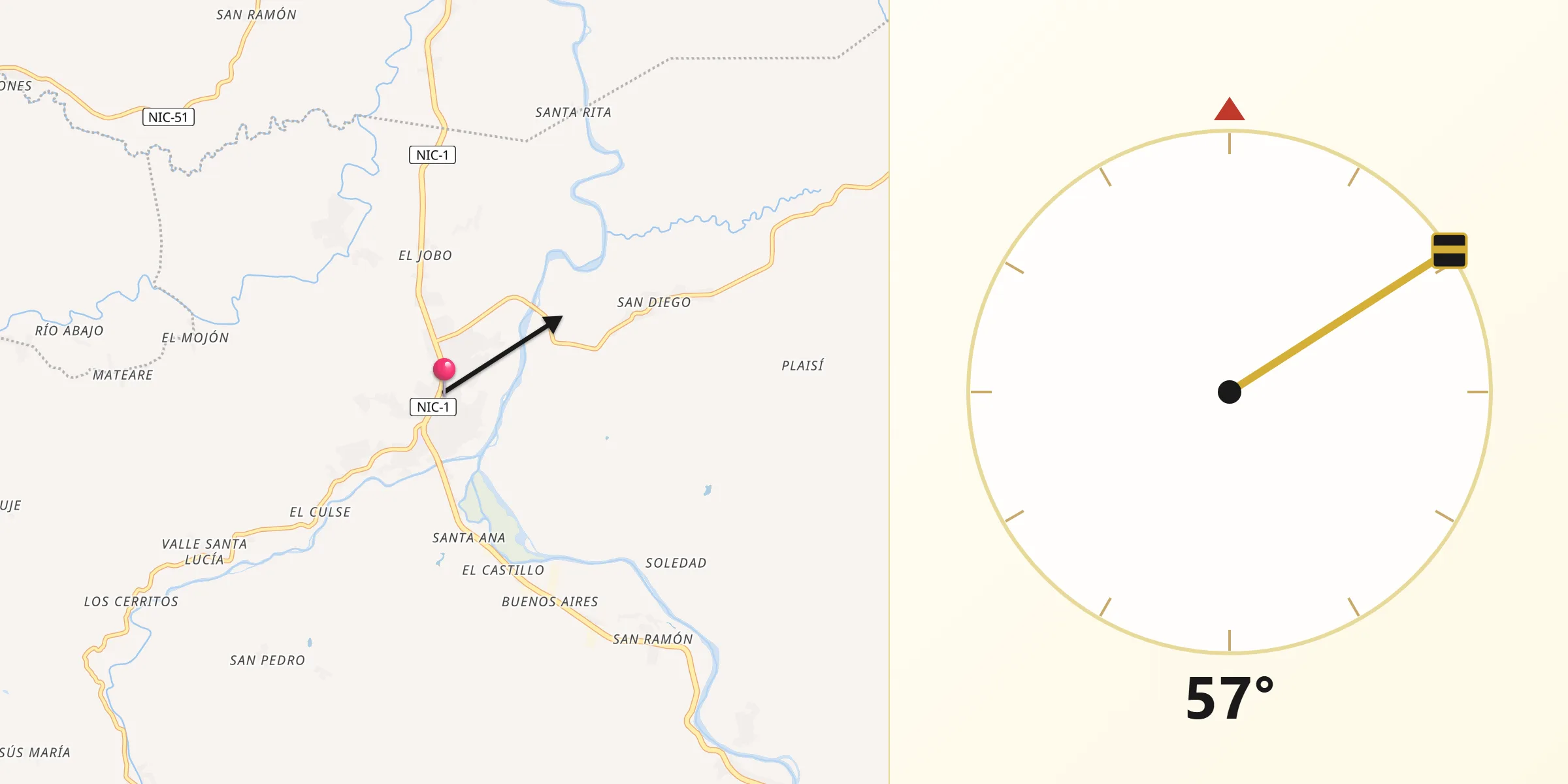 Dirección de la Qibla desde Condega