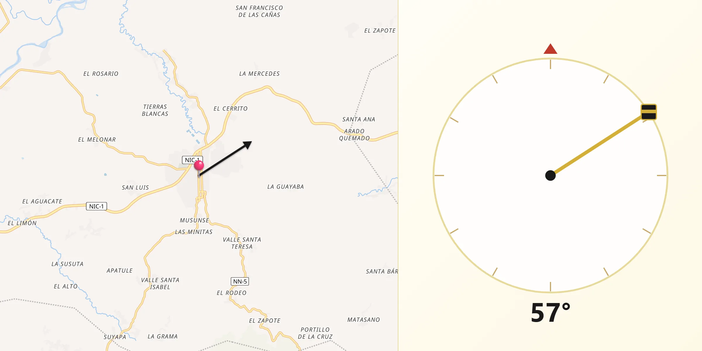 Dirección de la Qibla desde Somoto