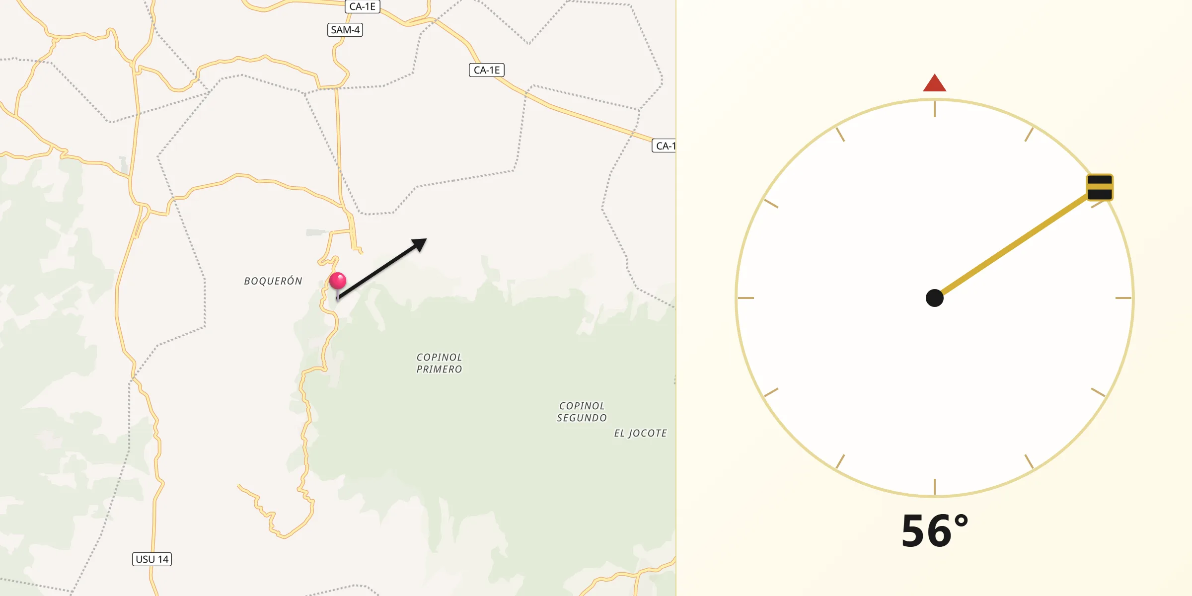Dirección de la Qibla desde Chinameca
