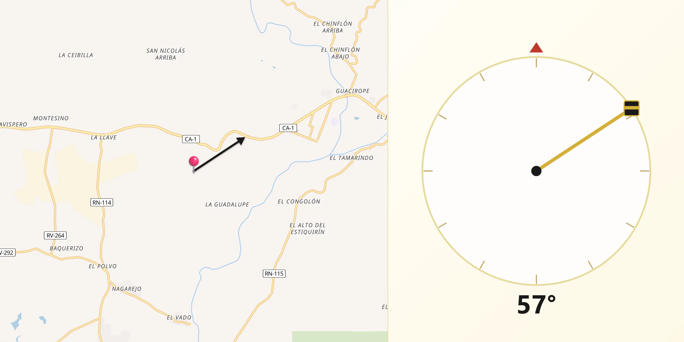 Dirección de la Qibla desde Nacaome