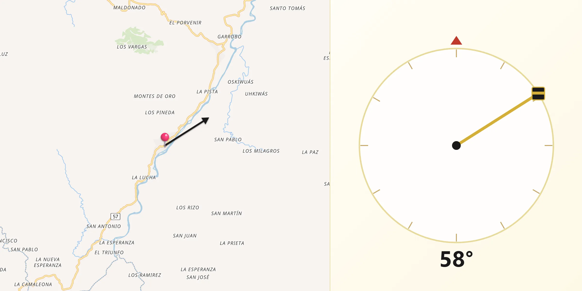 Dirección de la Qibla desde San José de Bocay
