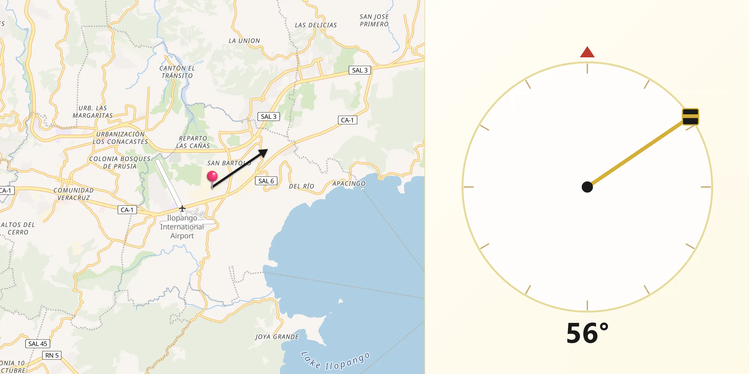 Dirección de la Qibla desde Ilopango