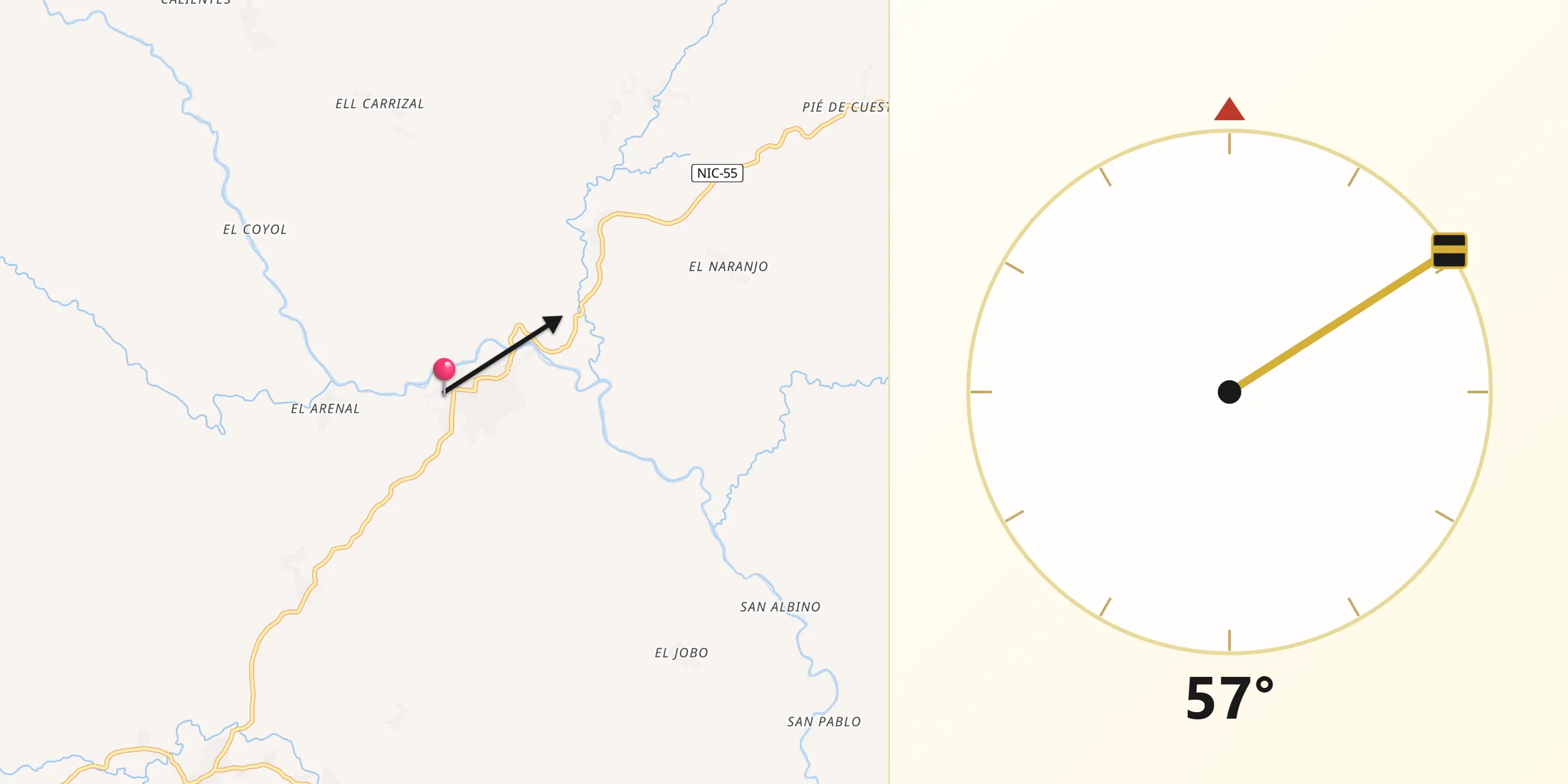 Dirección de la Qibla desde El Jícaro