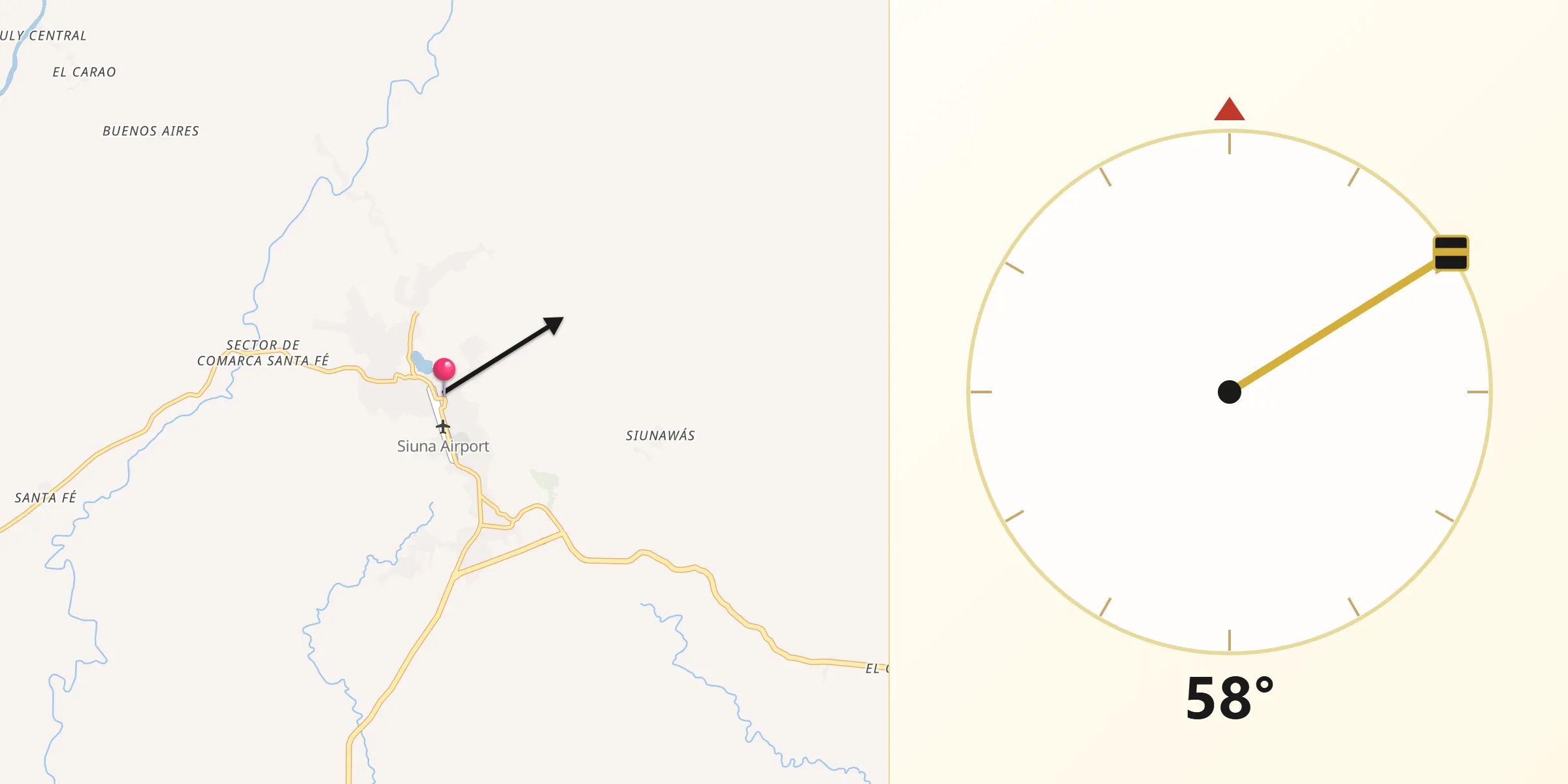 Dirección de la Qibla desde Siuna