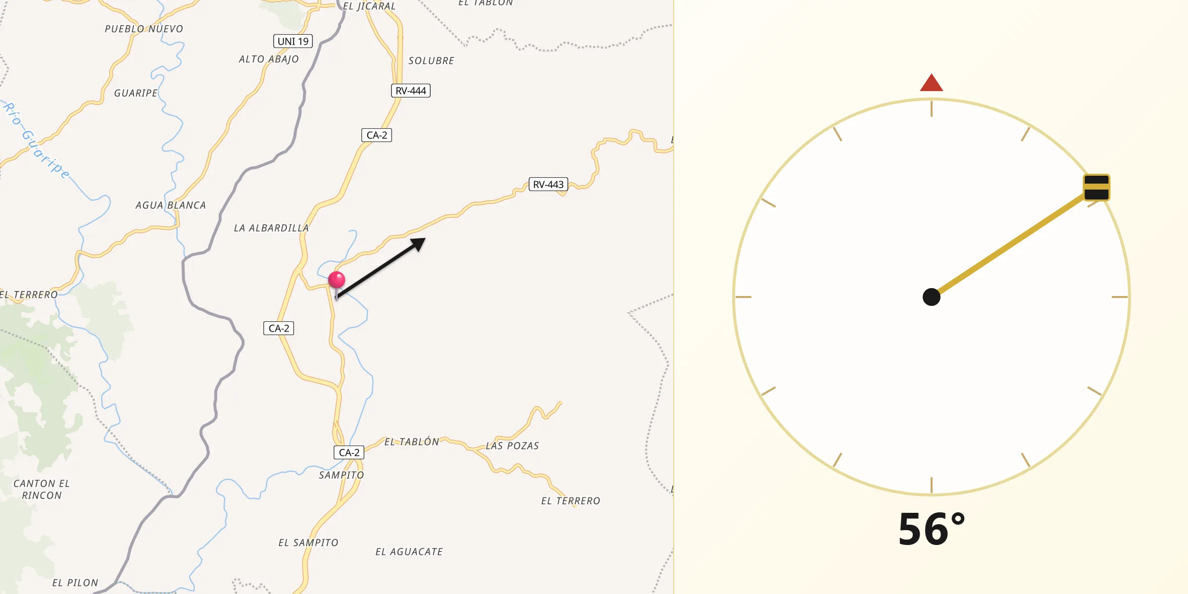 Dirección de la Qibla desde Aramecina