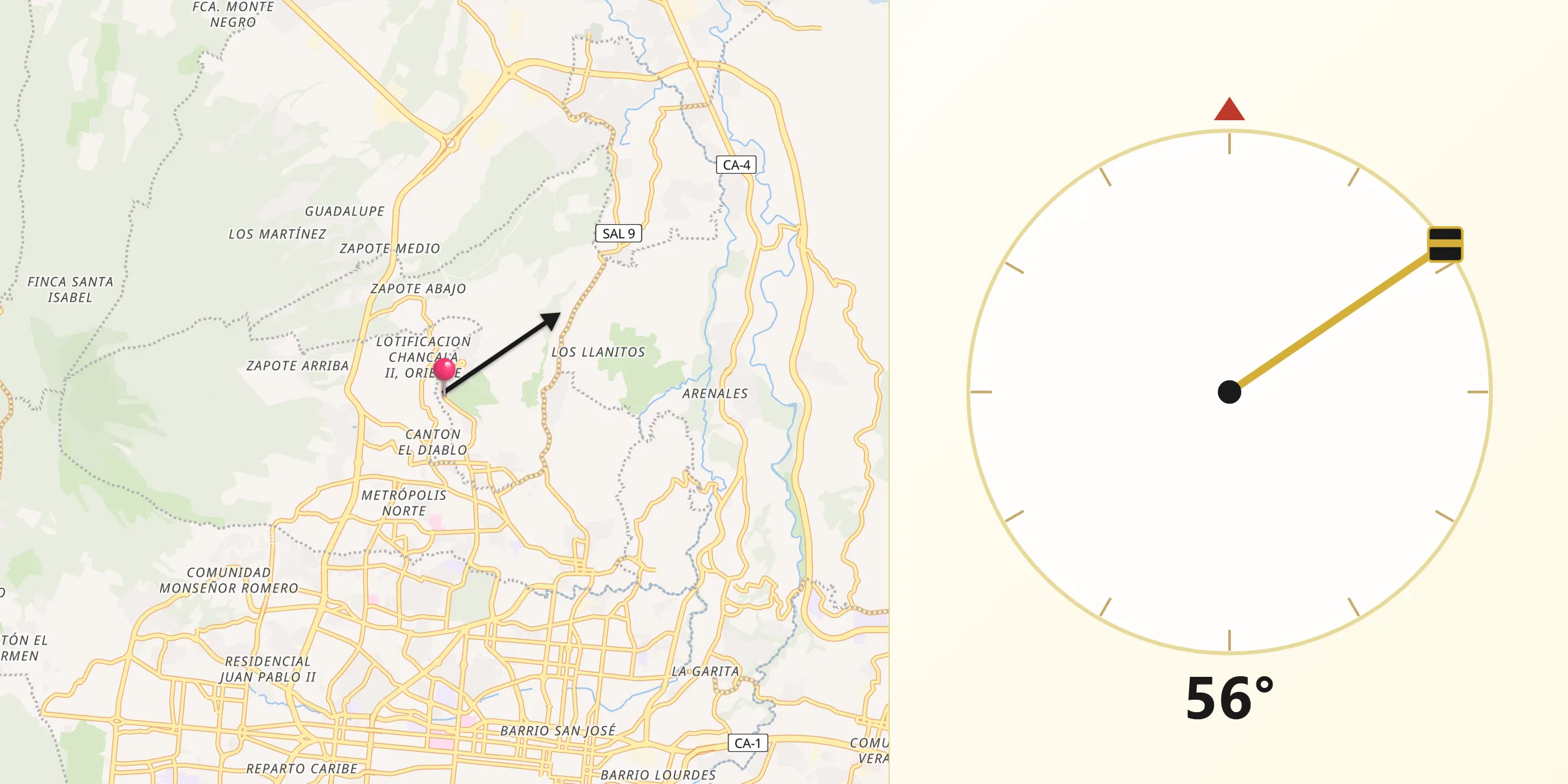 Dirección de la Qibla desde Ayutuxtepeque