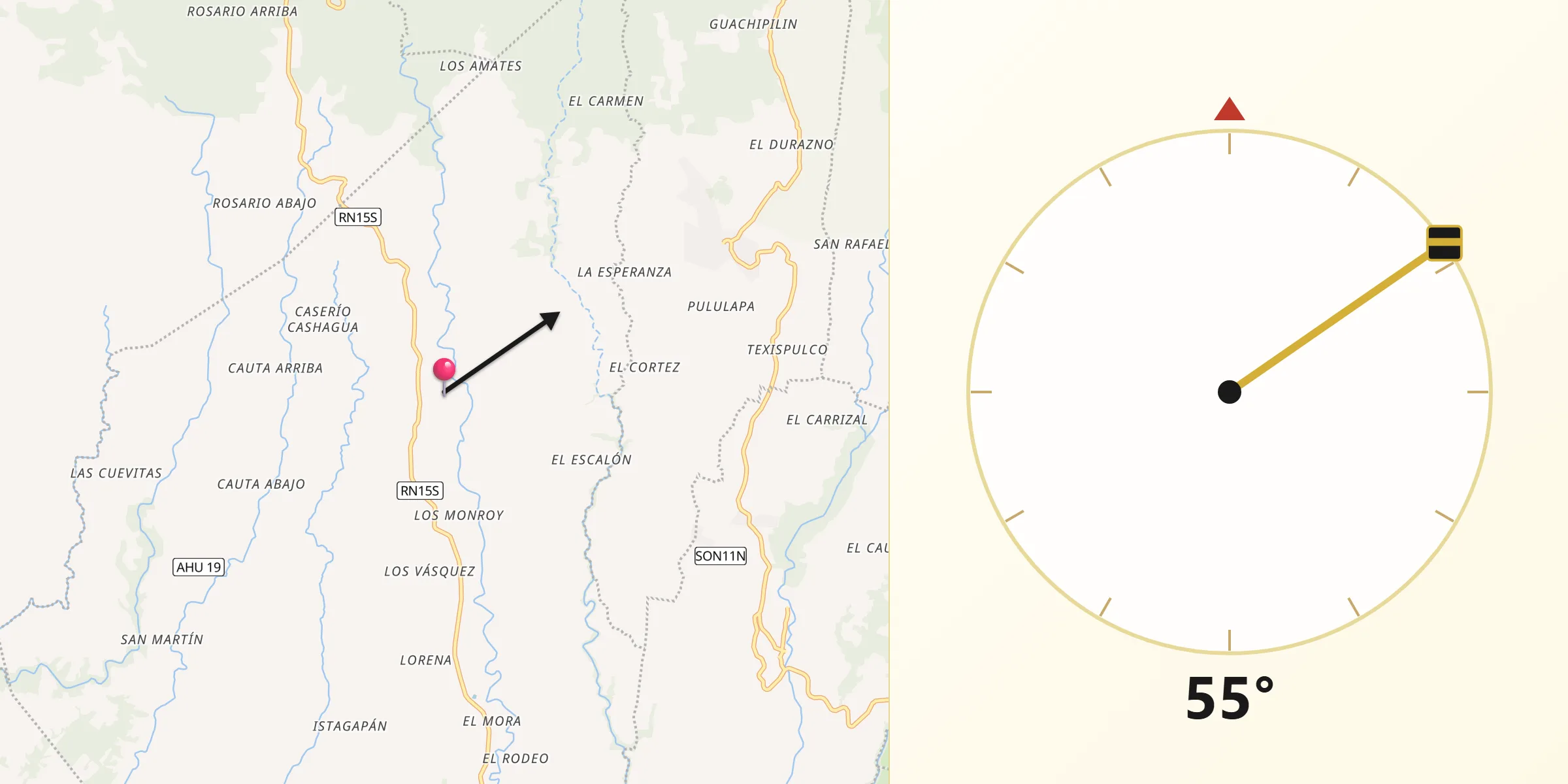 Dirección de la Qibla desde Guaymango