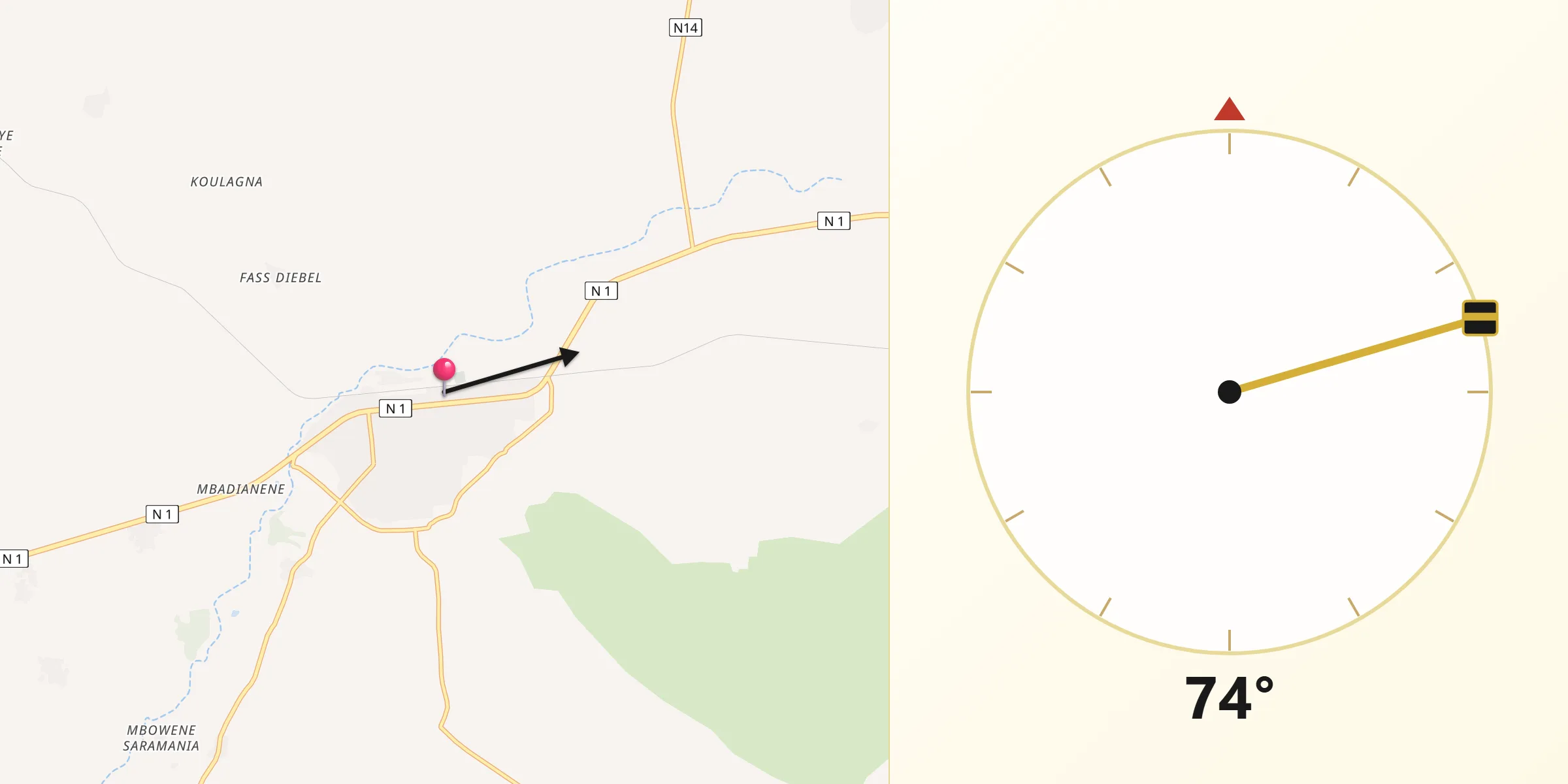 Direction vers la Qibla depuis Koungheul