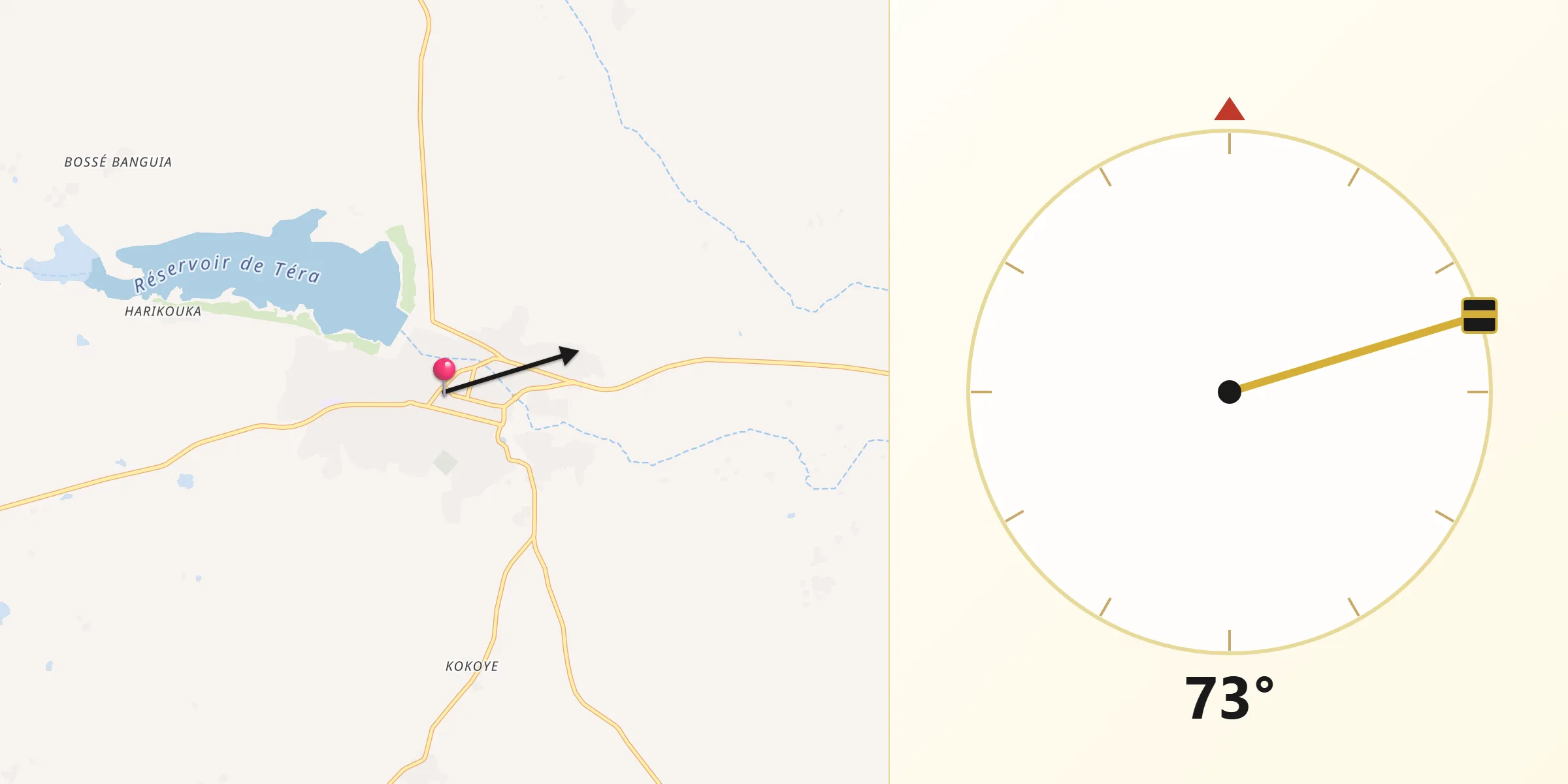 Direction vers la Qibla depuis Téra
