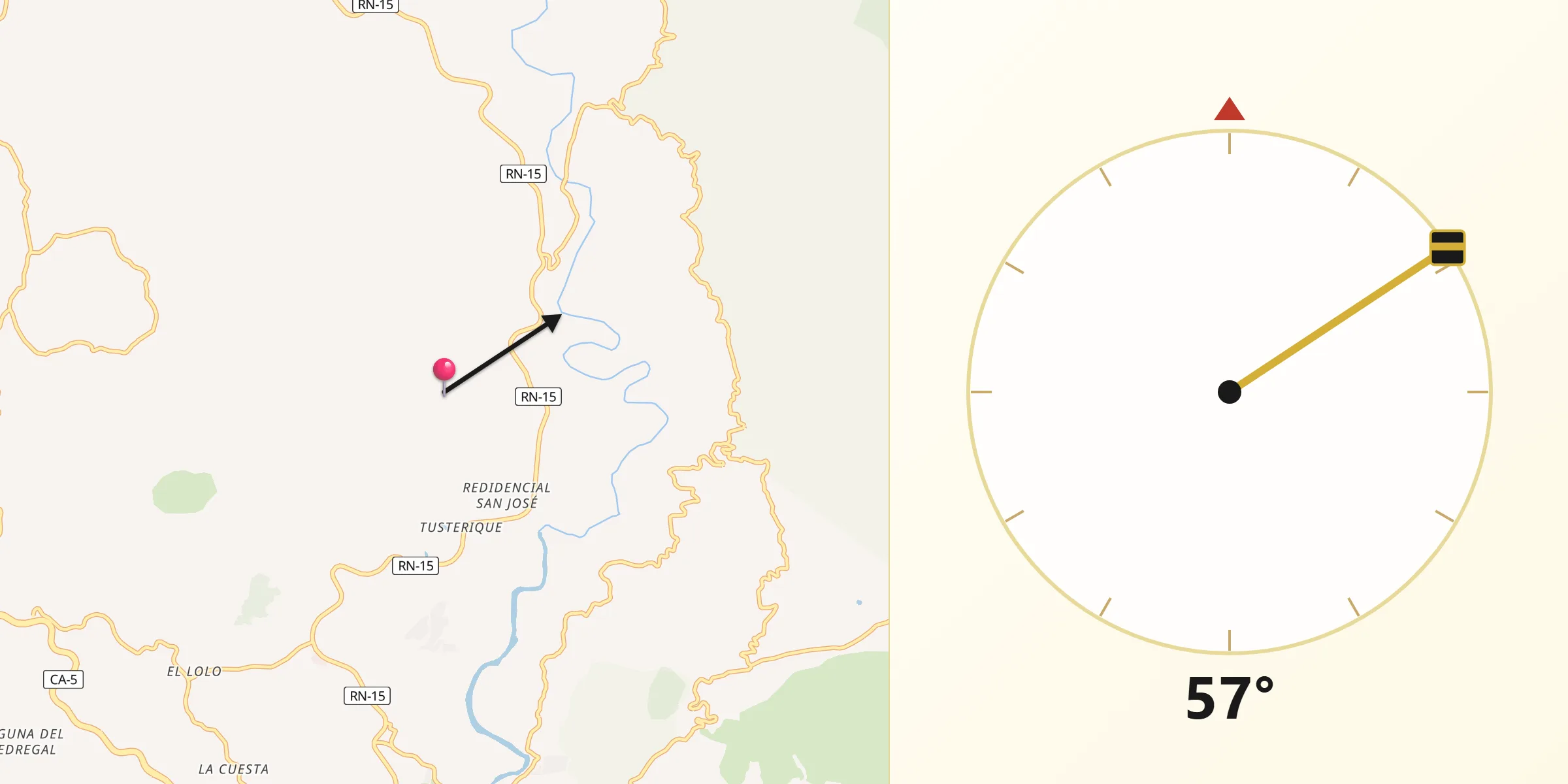 Dirección de la Qibla desde Río Abajo