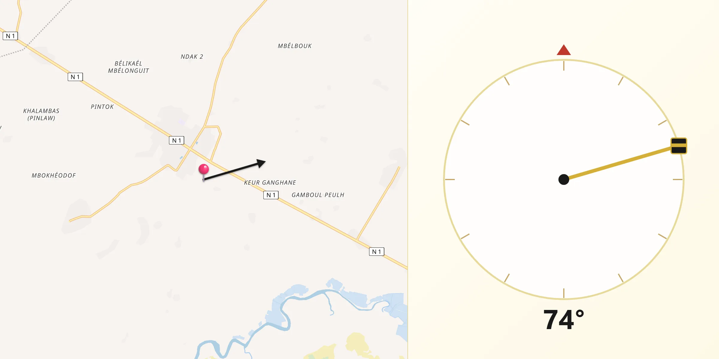 Direction vers la Qibla depuis Gandiaye
