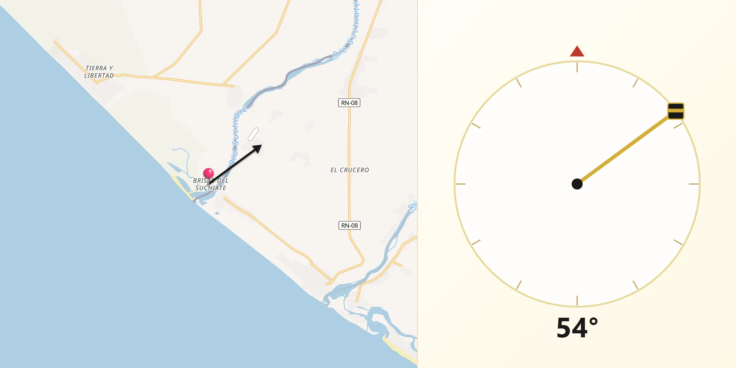 Dirección de la Qibla desde Brisas Barra de Suchiate