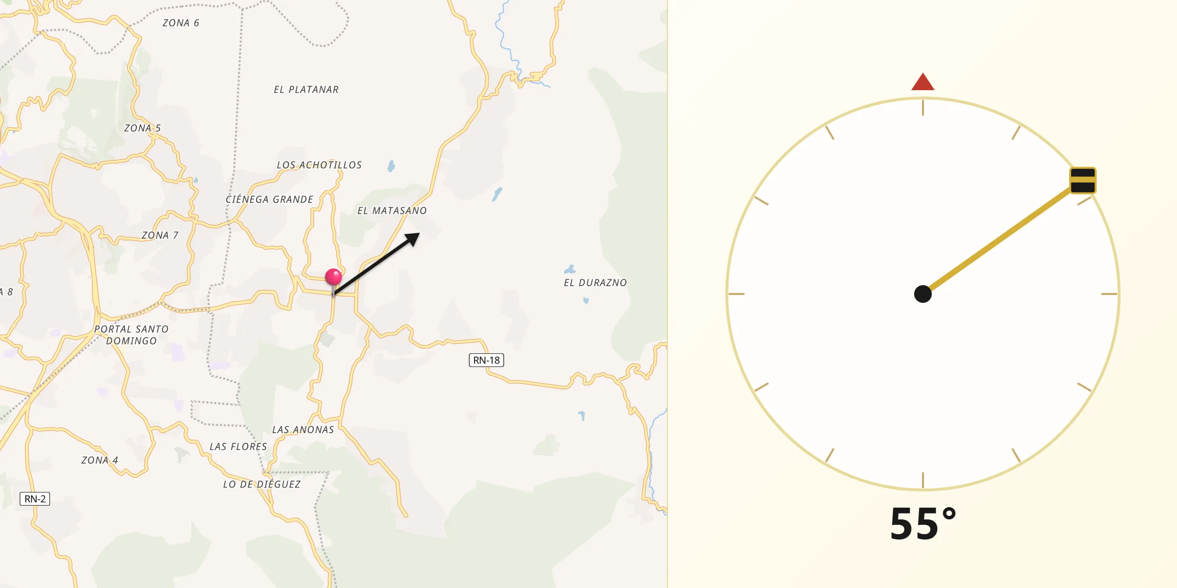 Dirección de la Qibla desde San José Pinula