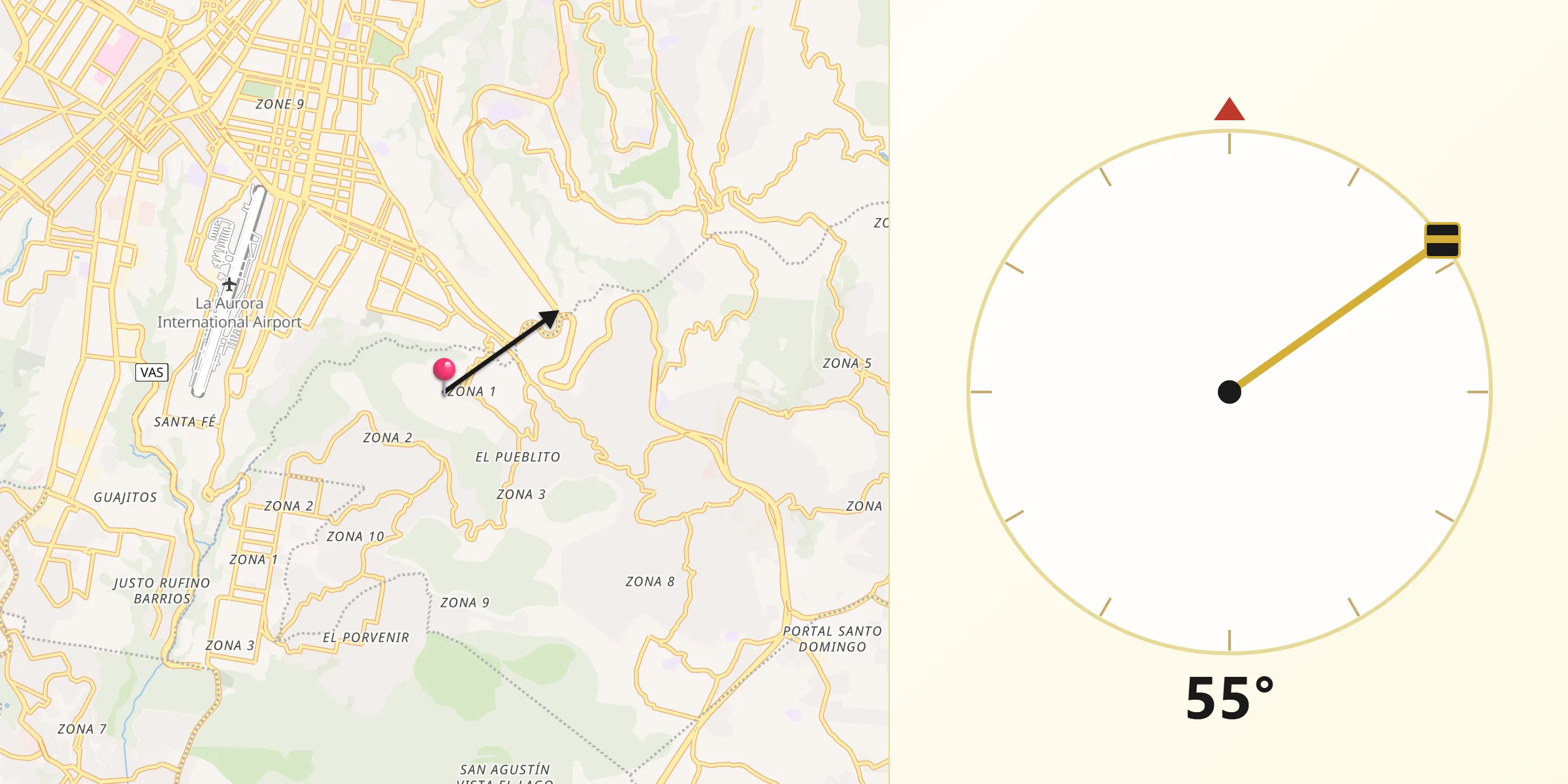 Dirección de la Qibla desde Santa Catarina Pinula