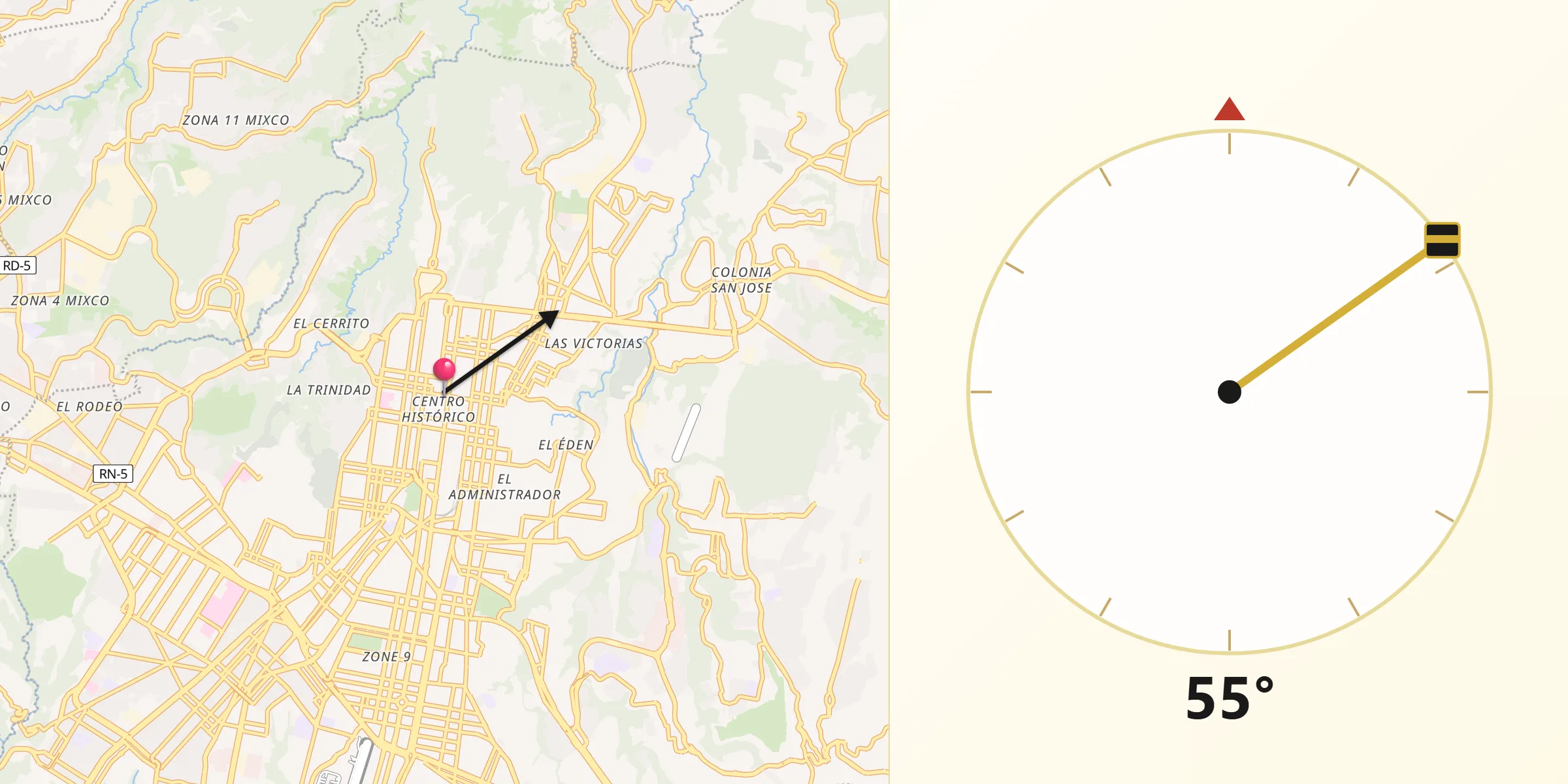 Dirección de la Qibla desde Ciudad de Guatemala