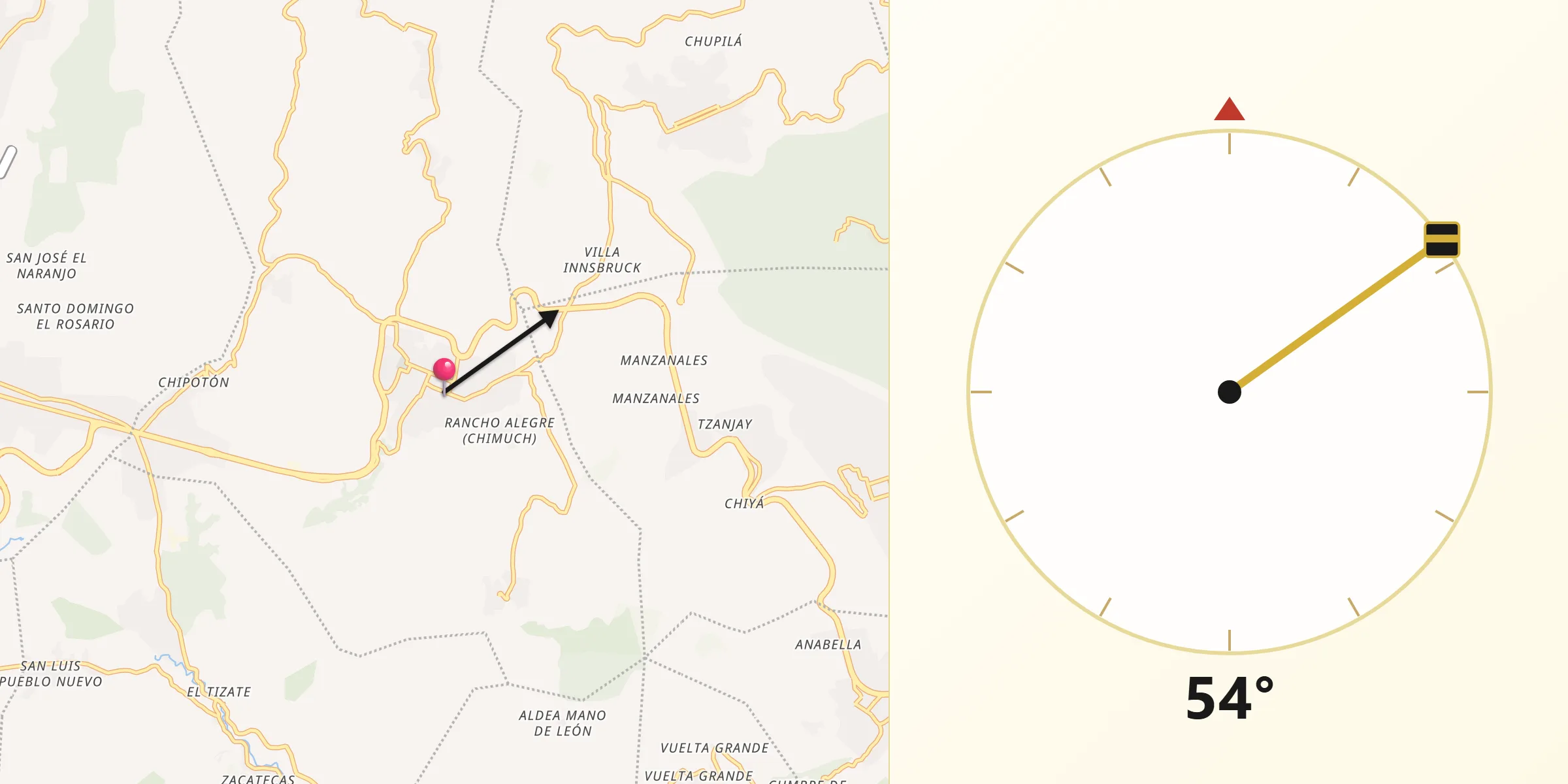 Dirección de la Qibla desde Sumpango