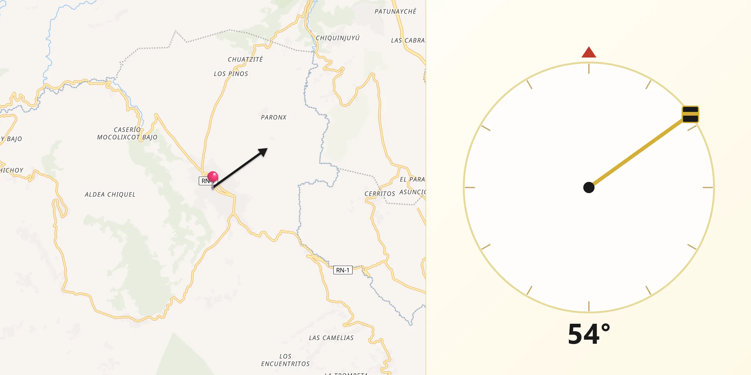 Dirección de la Qibla desde Patzún