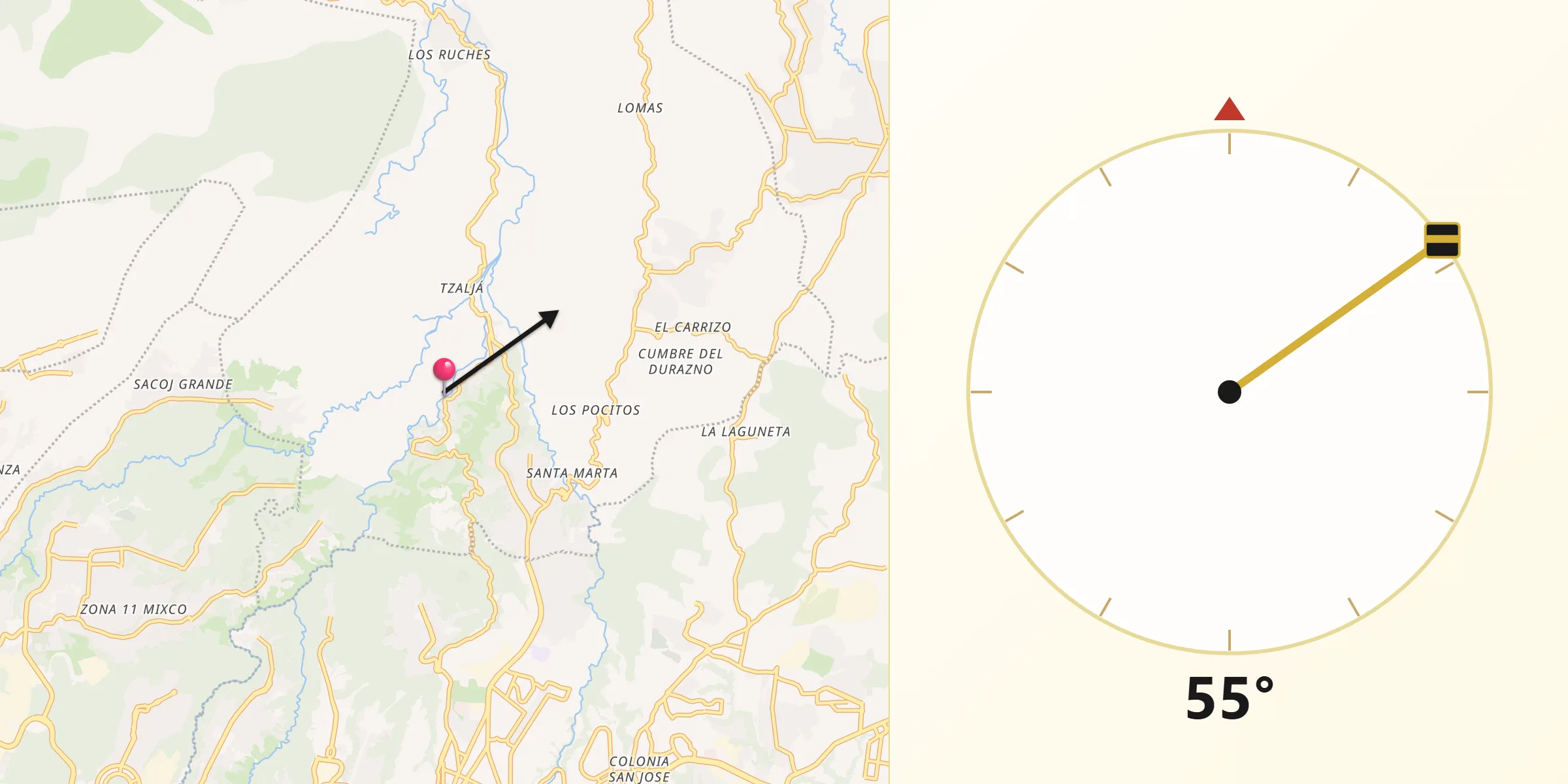 Dirección de la Qibla desde Chinautla