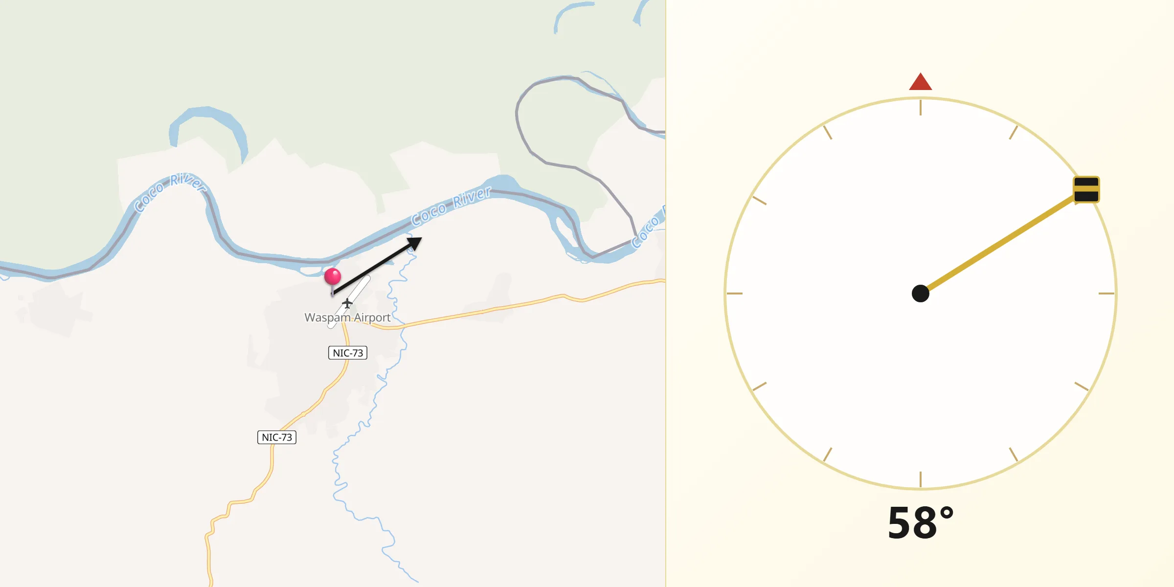 Dirección de la Qibla desde Waspán