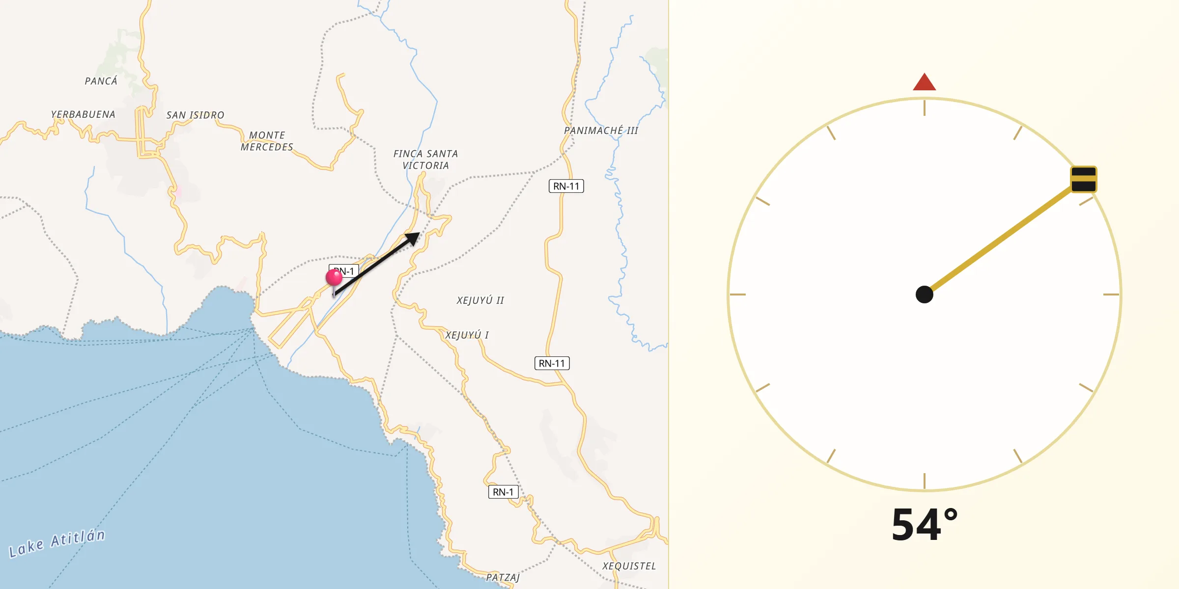 Dirección de la Qibla desde Municipio de Panajachel
