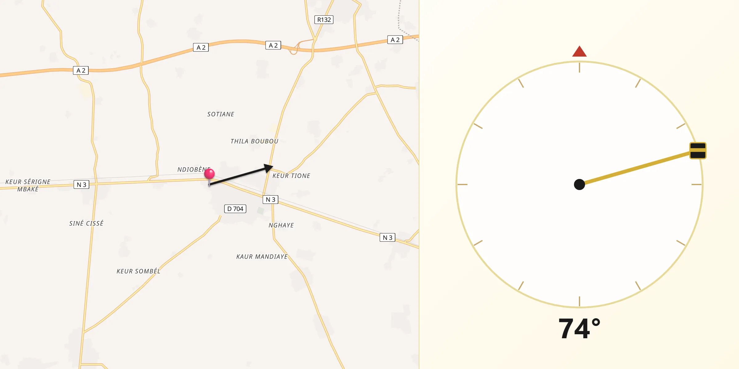 Direction vers la Qibla depuis Khombole
