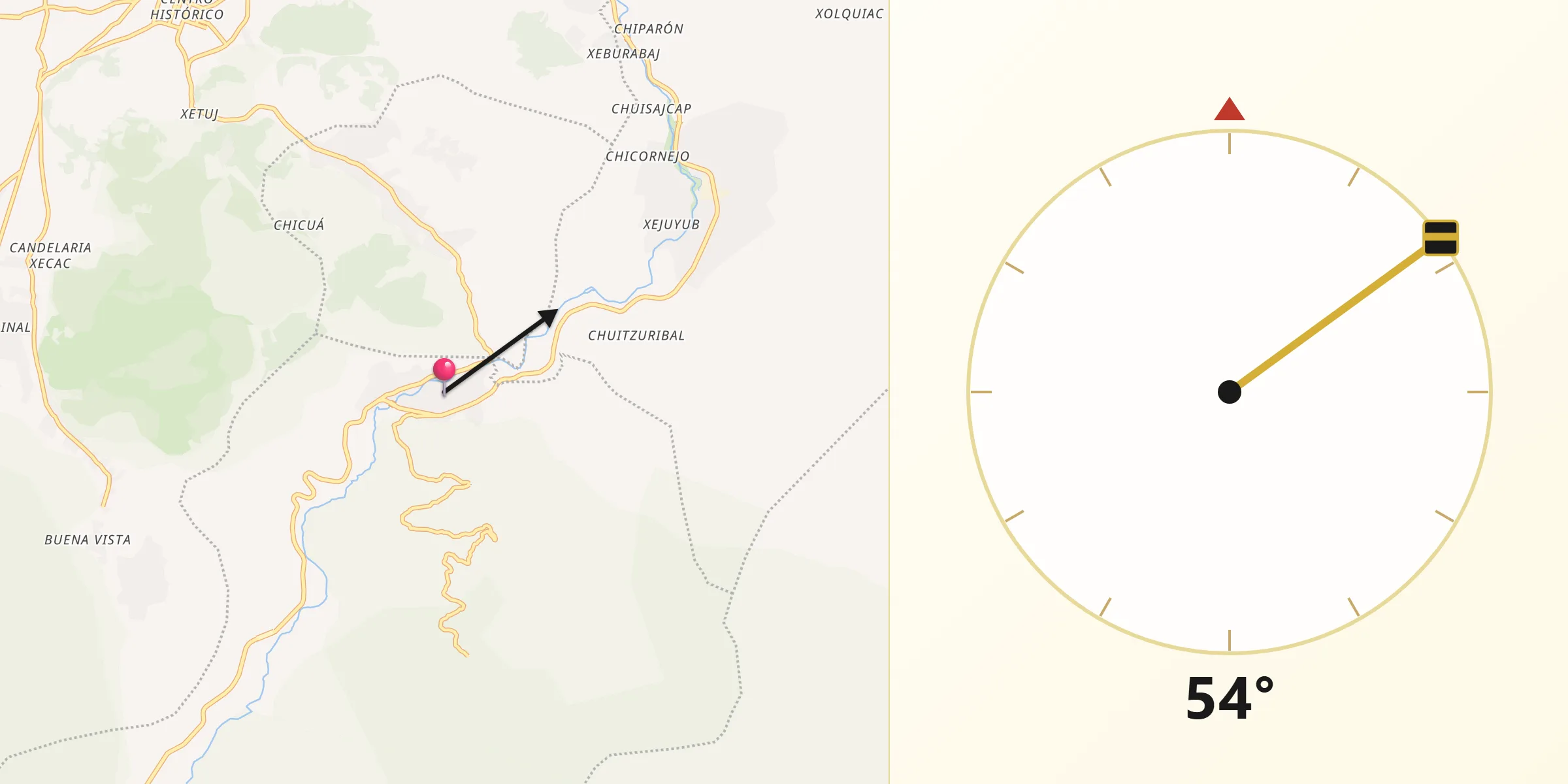 Dirección de la Qibla desde Zunil