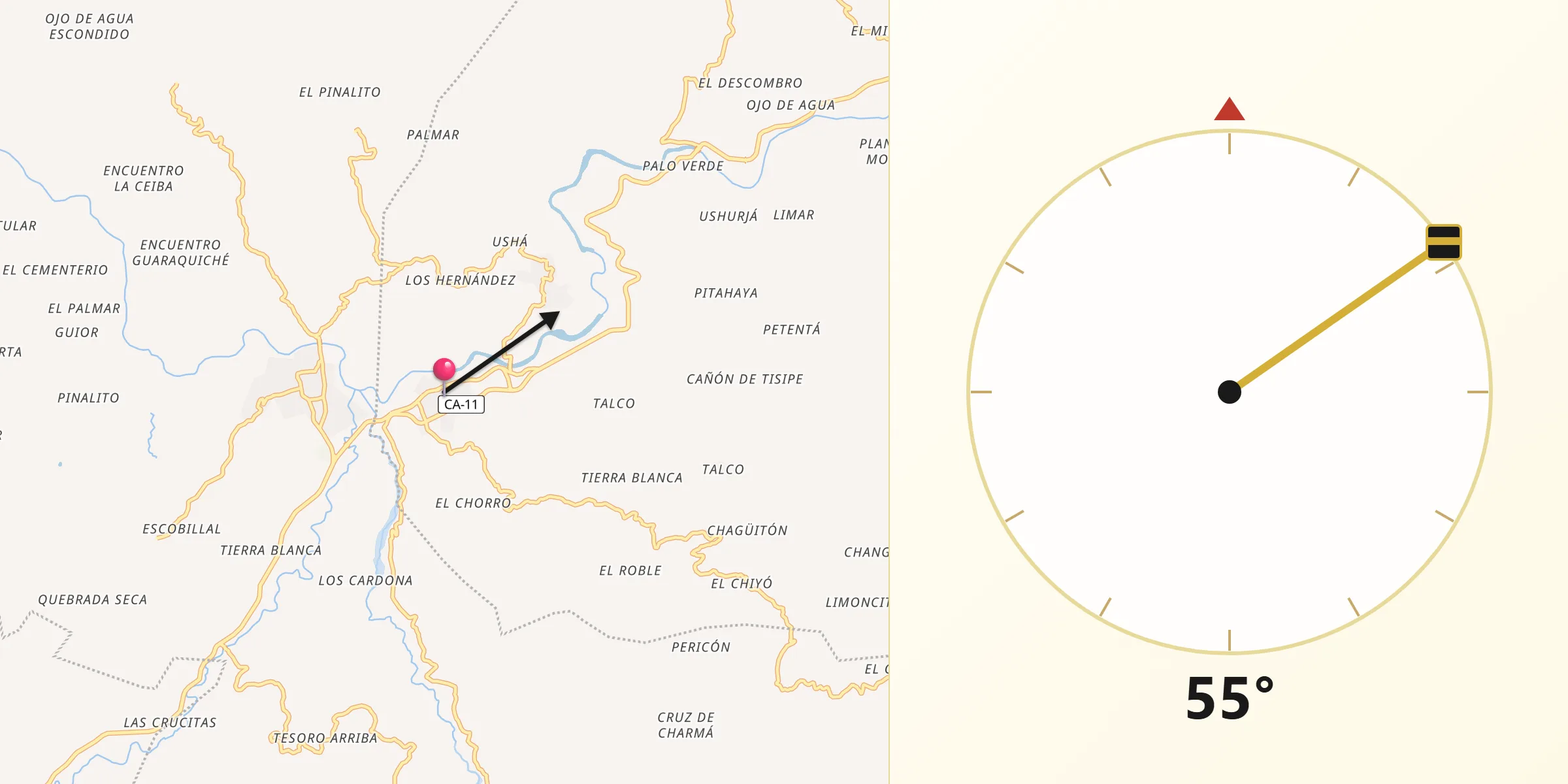 Dirección de la Qibla desde Camotán