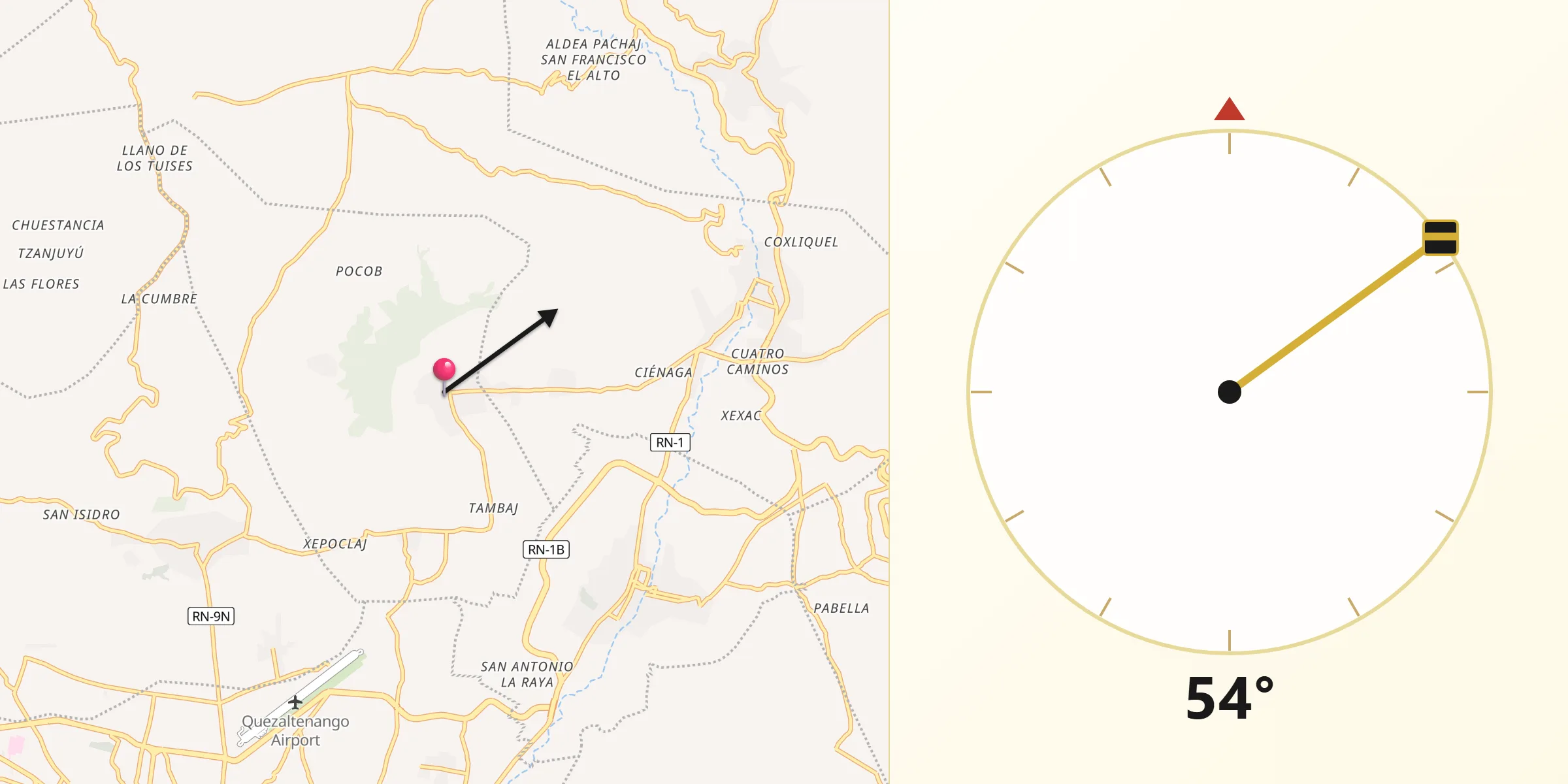 Dirección de la Qibla desde San Andrés Xecul