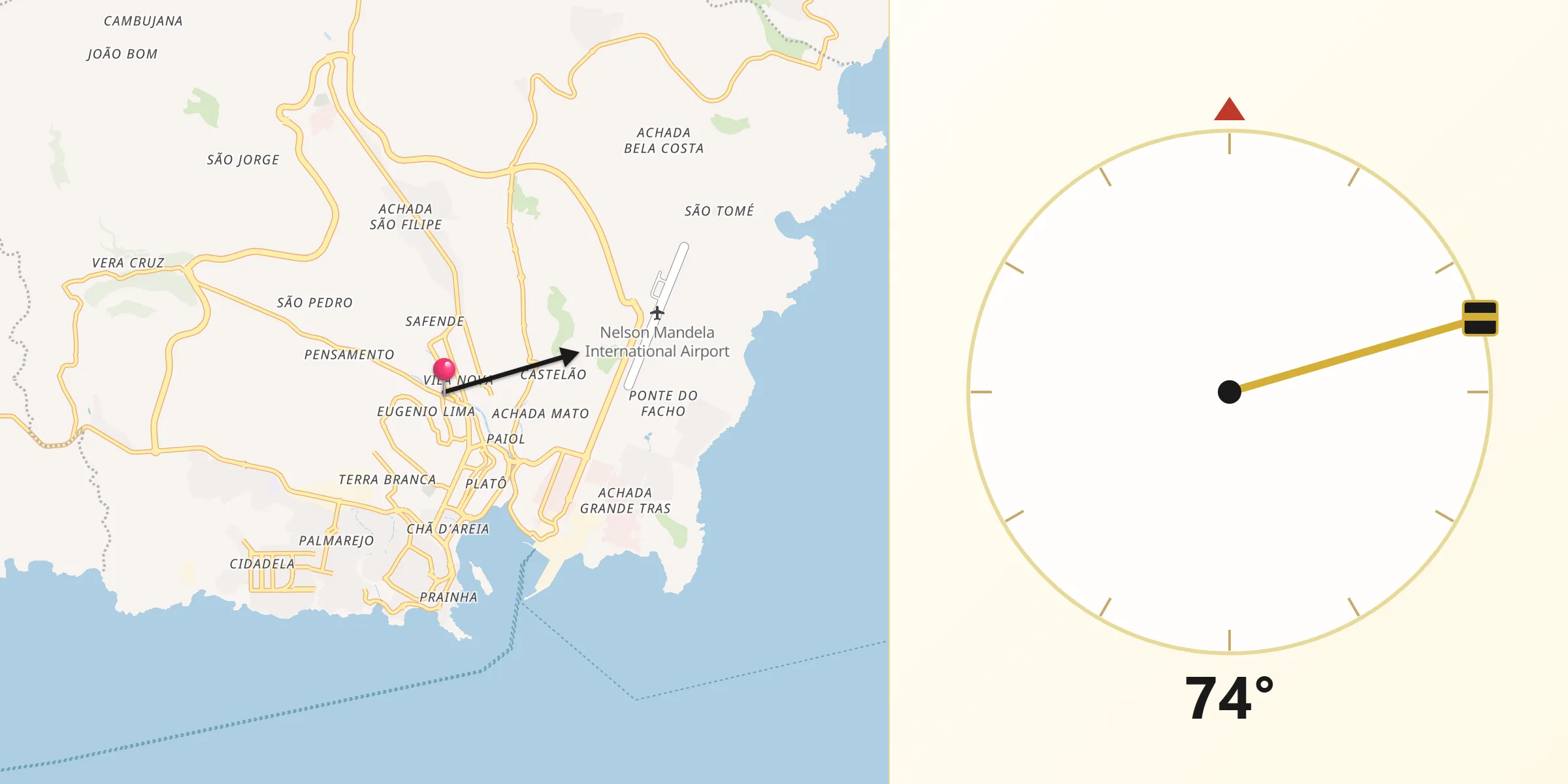 Direção da Qibla a partir de Cidade da Praia