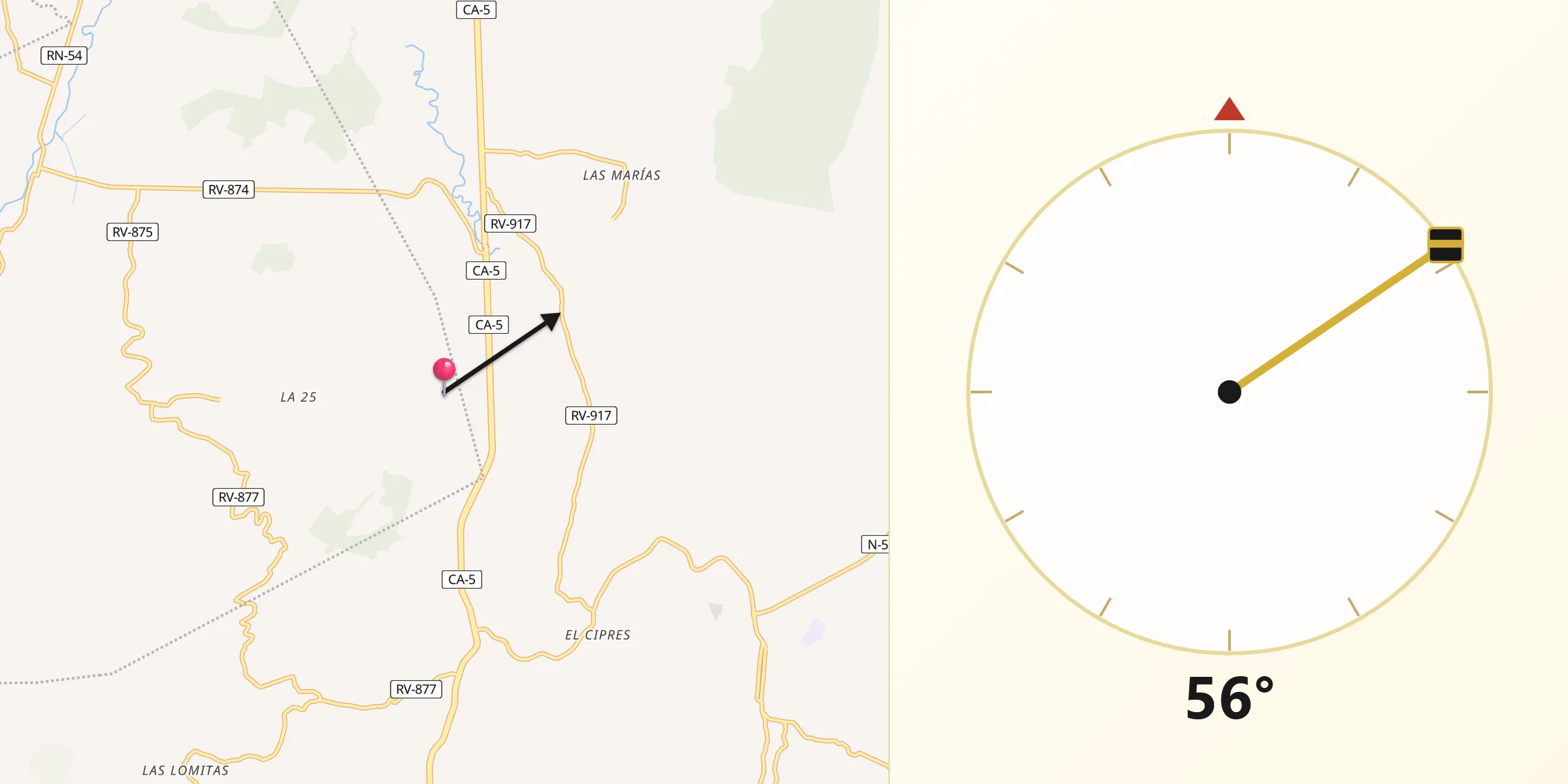 Dirección de la Qibla desde Oropéndolas