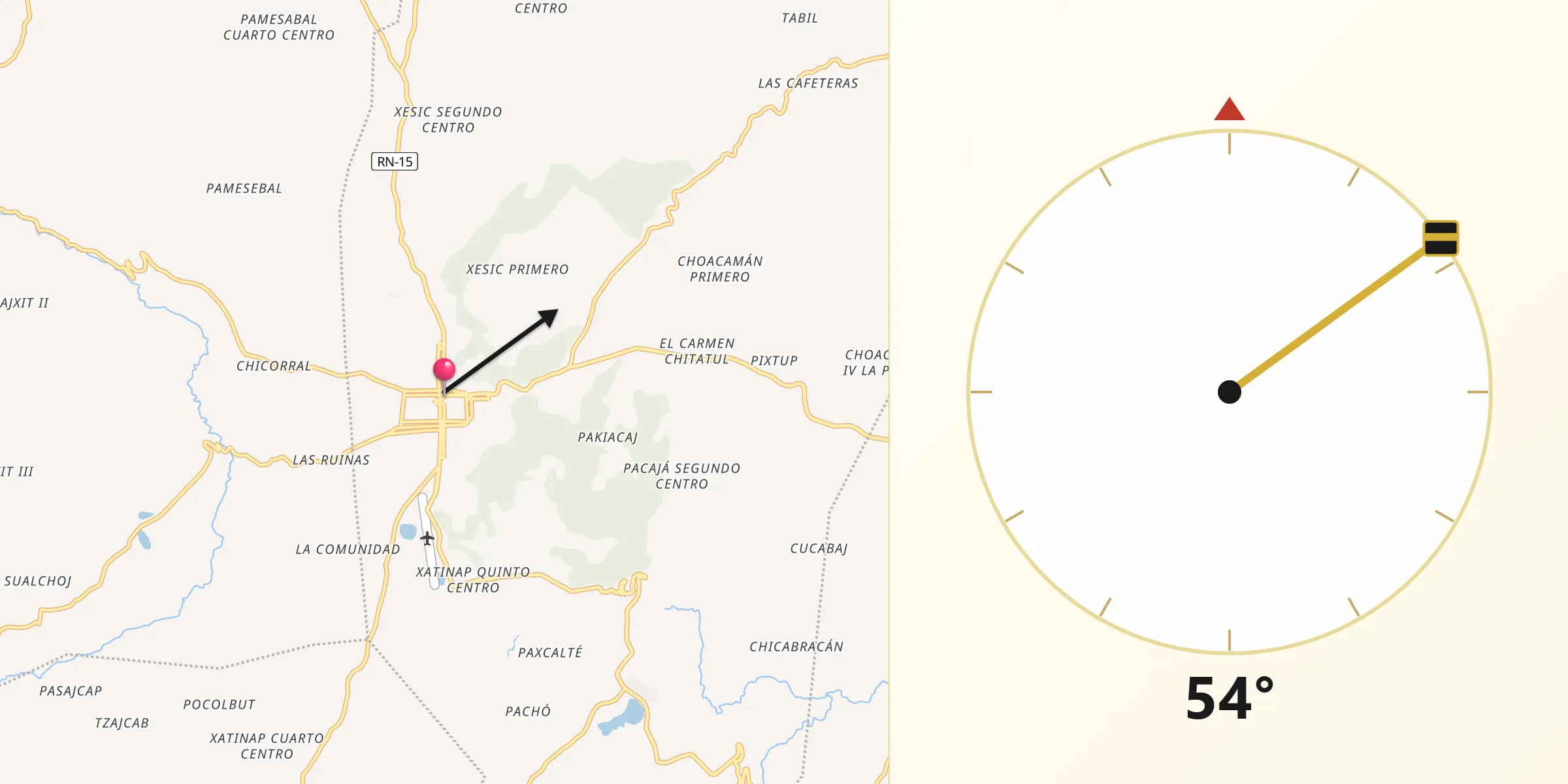 Dirección de la Qibla desde Santa Cruz del Quiché